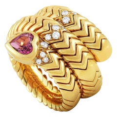 Bvlgari Spiga Serpent 18 Karat Gold Diamond and Pink Tourmaline Bypass Ring