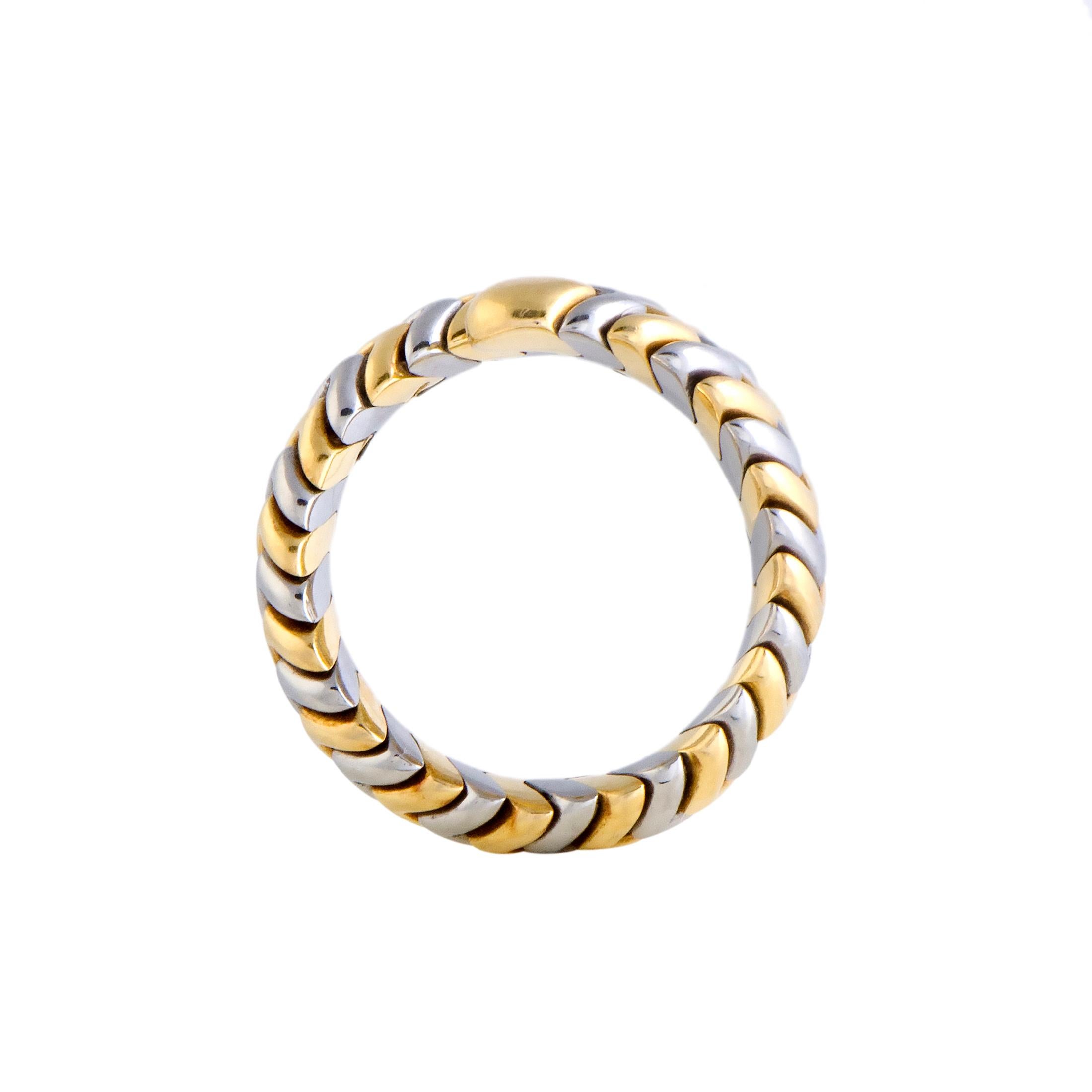 The brand’s irresistible motif of a serpent is presented in their emblematic blend of prestigious 18K yellow gold and shimmering stainless steel to produce an eye-catching and offbeat effect in this sublime ring from Bvlgari.
Ring Top Dimensions: