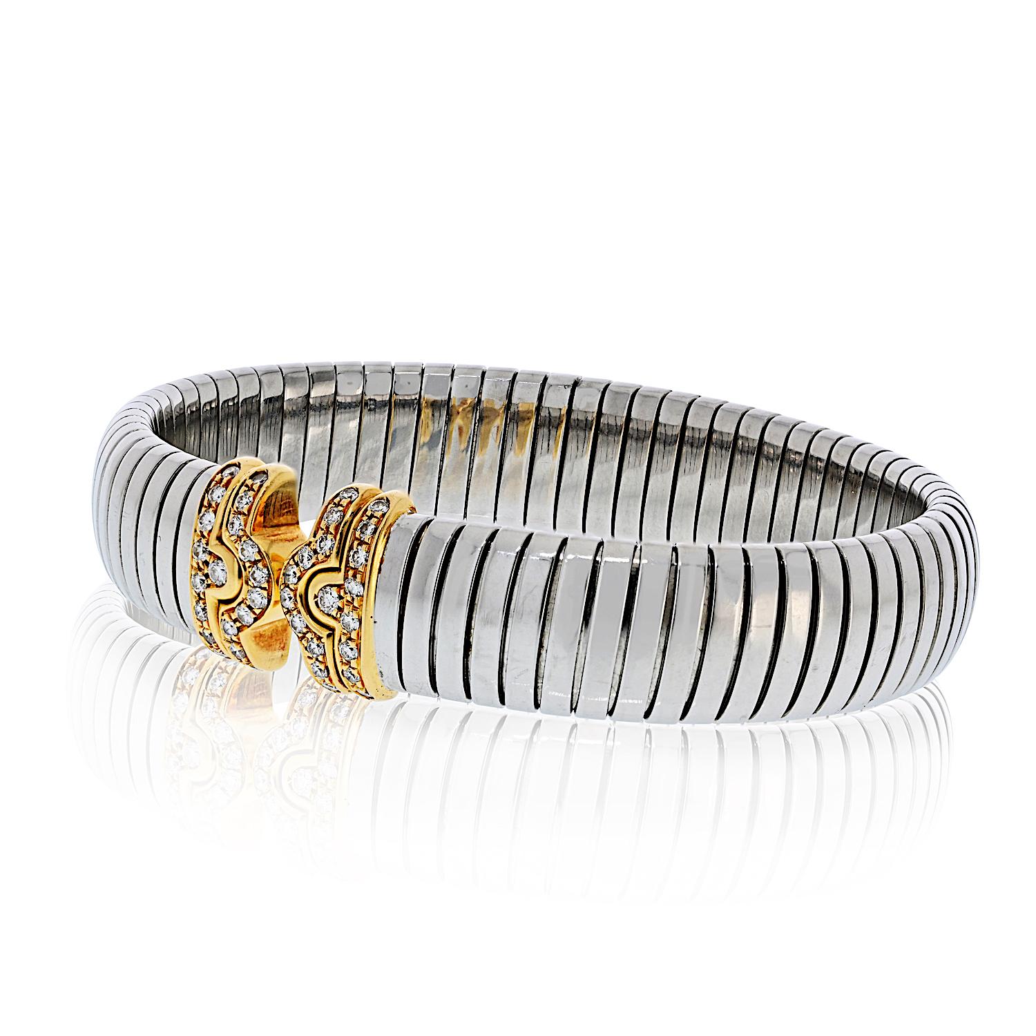 Moderno Bracciale Parentesi Bvlgari in acciaio e oro in vendita