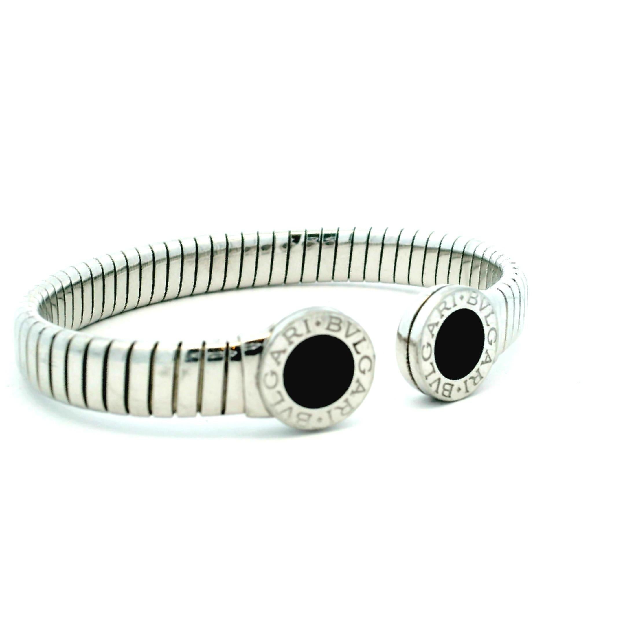 Contemporaneo Bracciale tubogas Bvlgari in acciaio inossidabile con onice nera, italiano in vendita