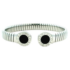 Bvlgari Stainless Steel Black Onyx Tubogas Cuff Bracelet, Italian