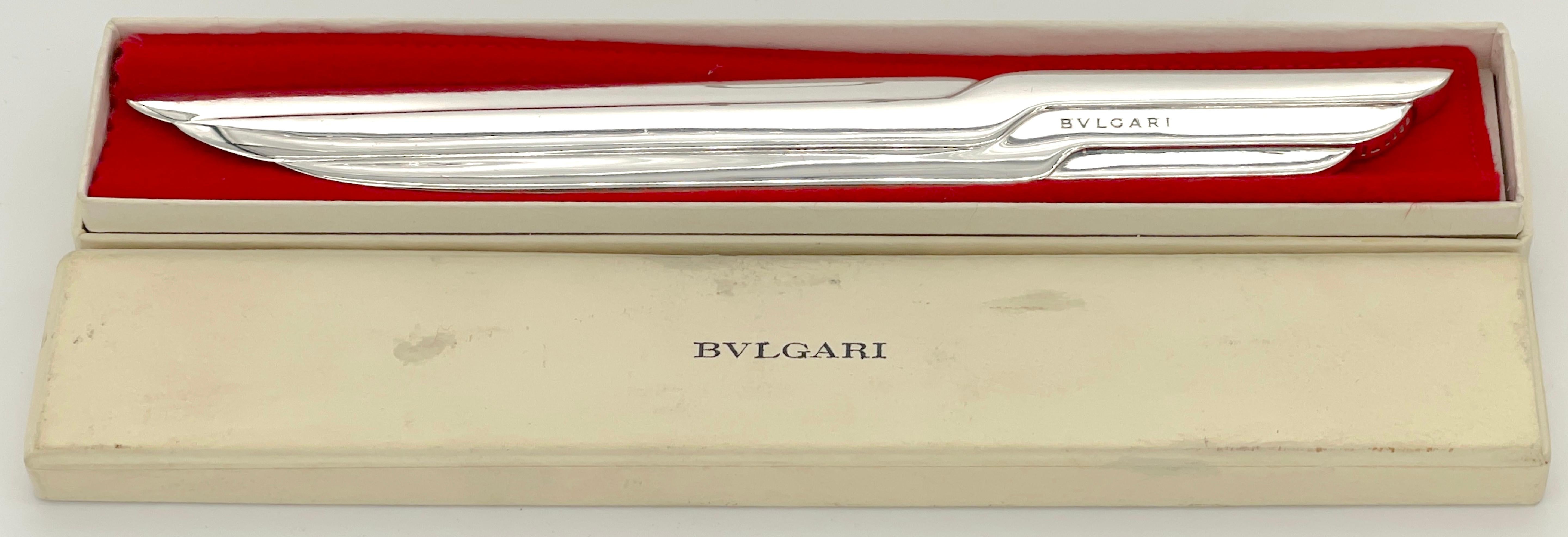 Bvlgari Sterling Silver Modern Sculptural Letter Opener / 'Tagliacarte in Argento' 
Italy, circa 1960s, complete with original box and red velvet cloth

Experience the timeless elegance of this Bvlgari sterling silver modern sculptural letter