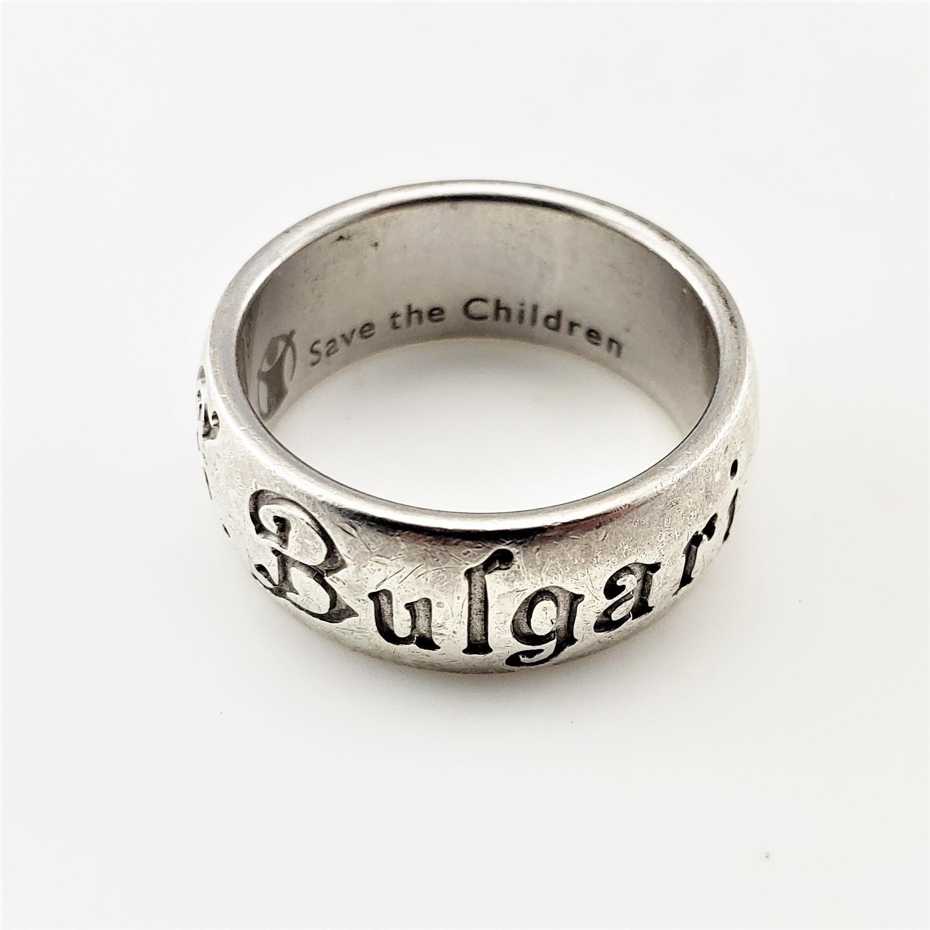 Bvlgari Sterling Silver Save the Children Ring Size 7.5-

This lovely ring pays tribute to Bvlgari's partnership with Save the Children.  Beautifully detailed in sterling silver.  Width:  8 mm

Ring Size:  7.5

Weight:  5.5 dwt./  8.5 gr.

Hallmark: