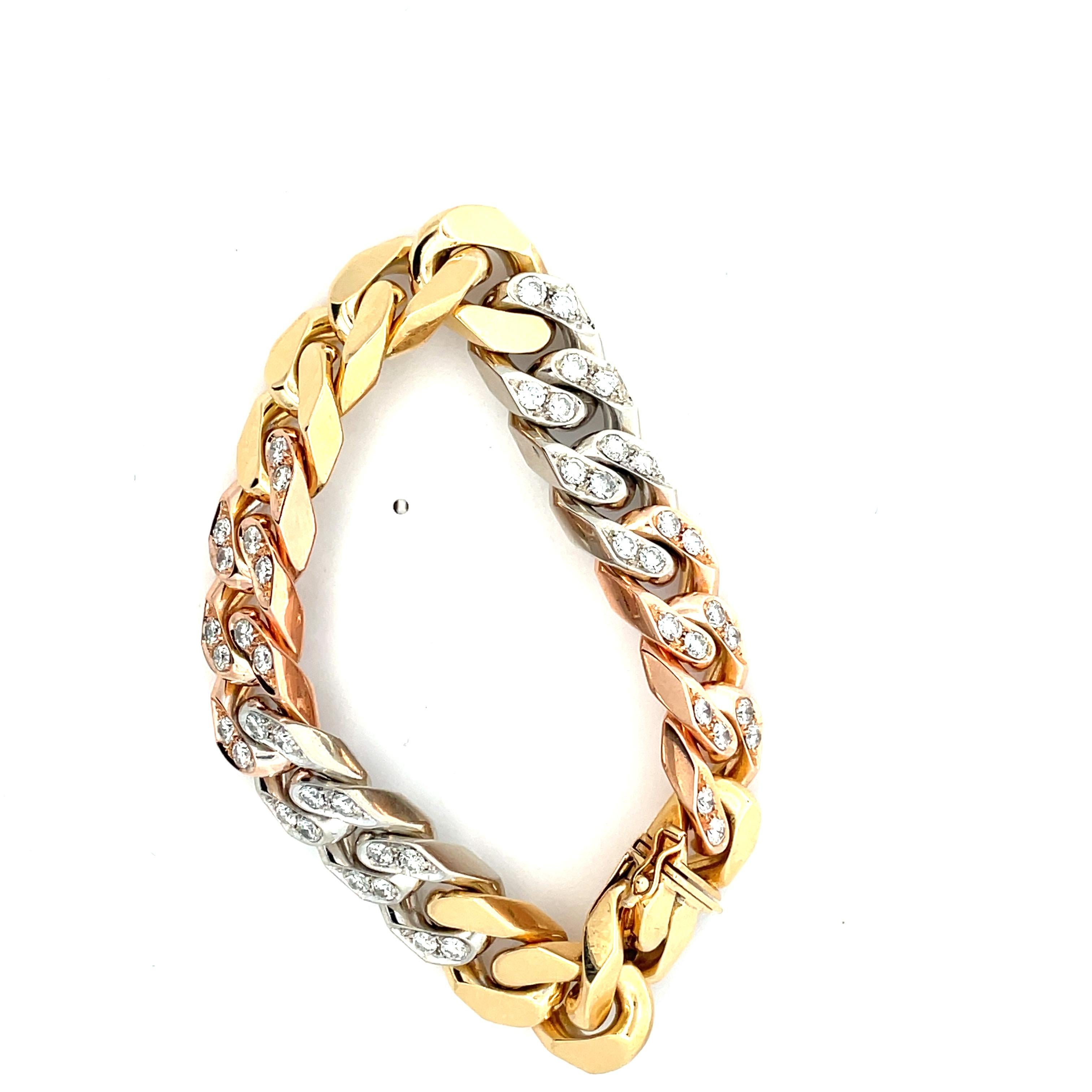 Bvlgari Stunning Three-Tone Gold and Diamond Link Bracelet In Excellent Condition In Milano, IT