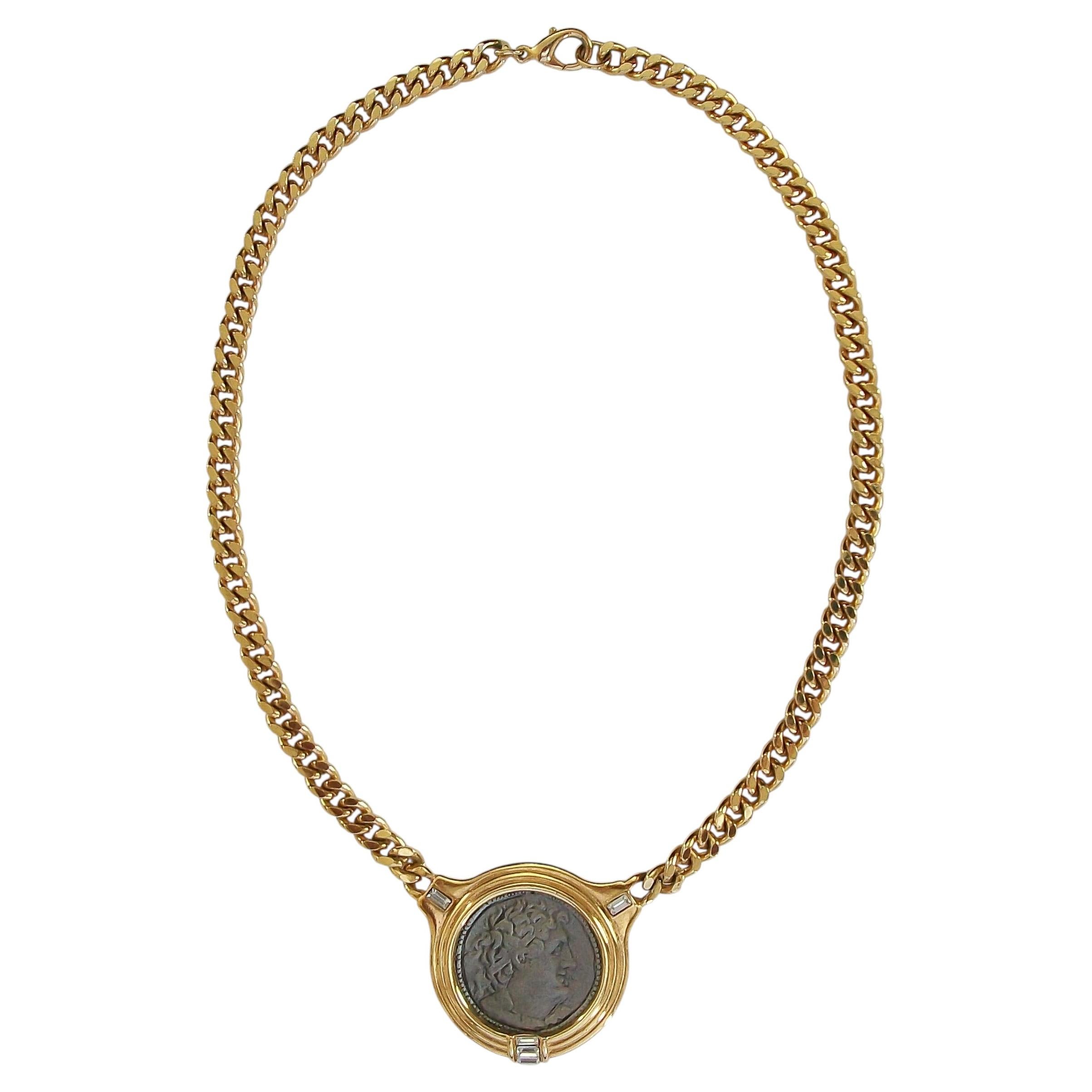 Vintage Faux Ancient Roman Coin & Curb Link Chain Necklace - U.S.A. - Circa 1990