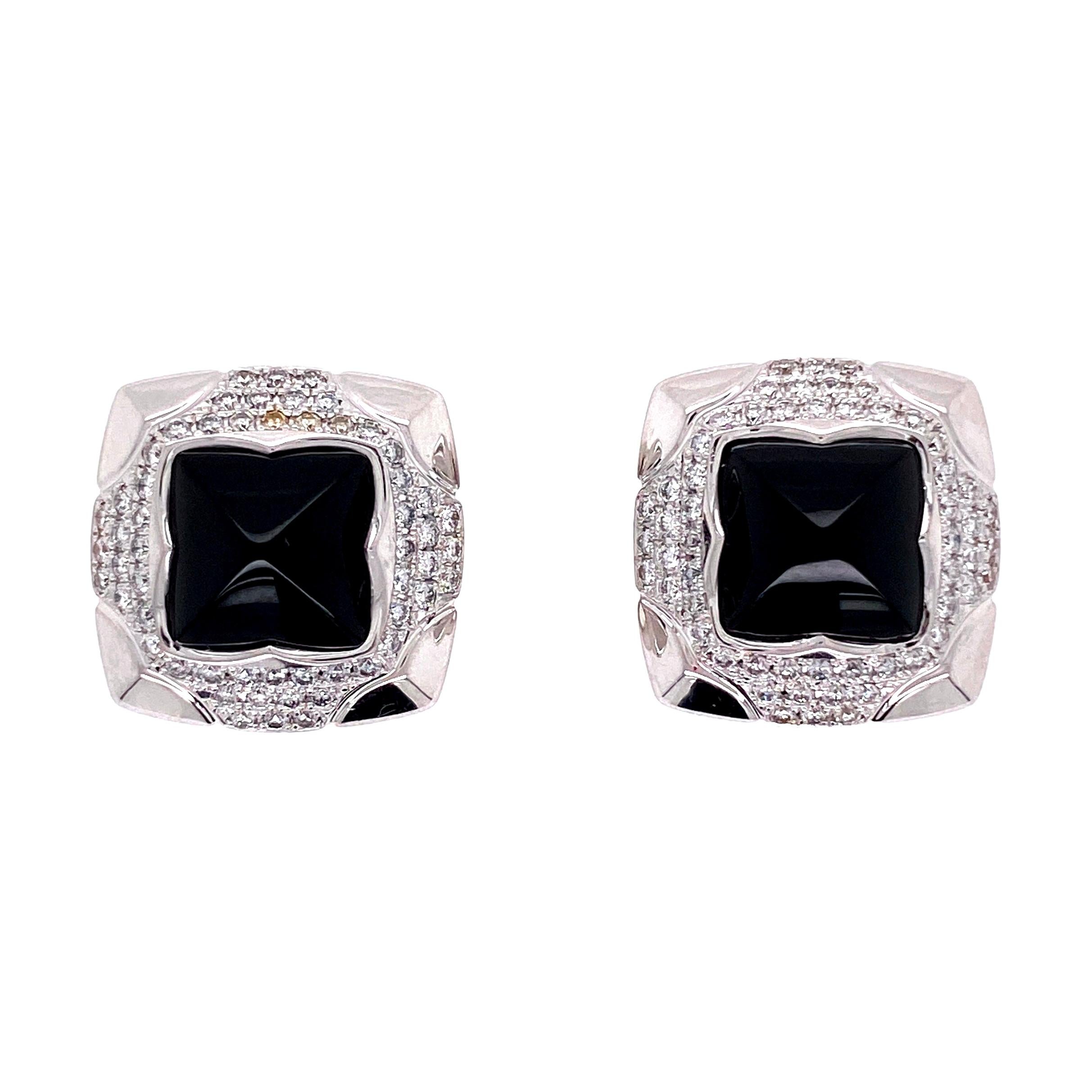 Bvlgari Sugarloaf Onyx and Diamond Earrings Estate Fine Jewelry