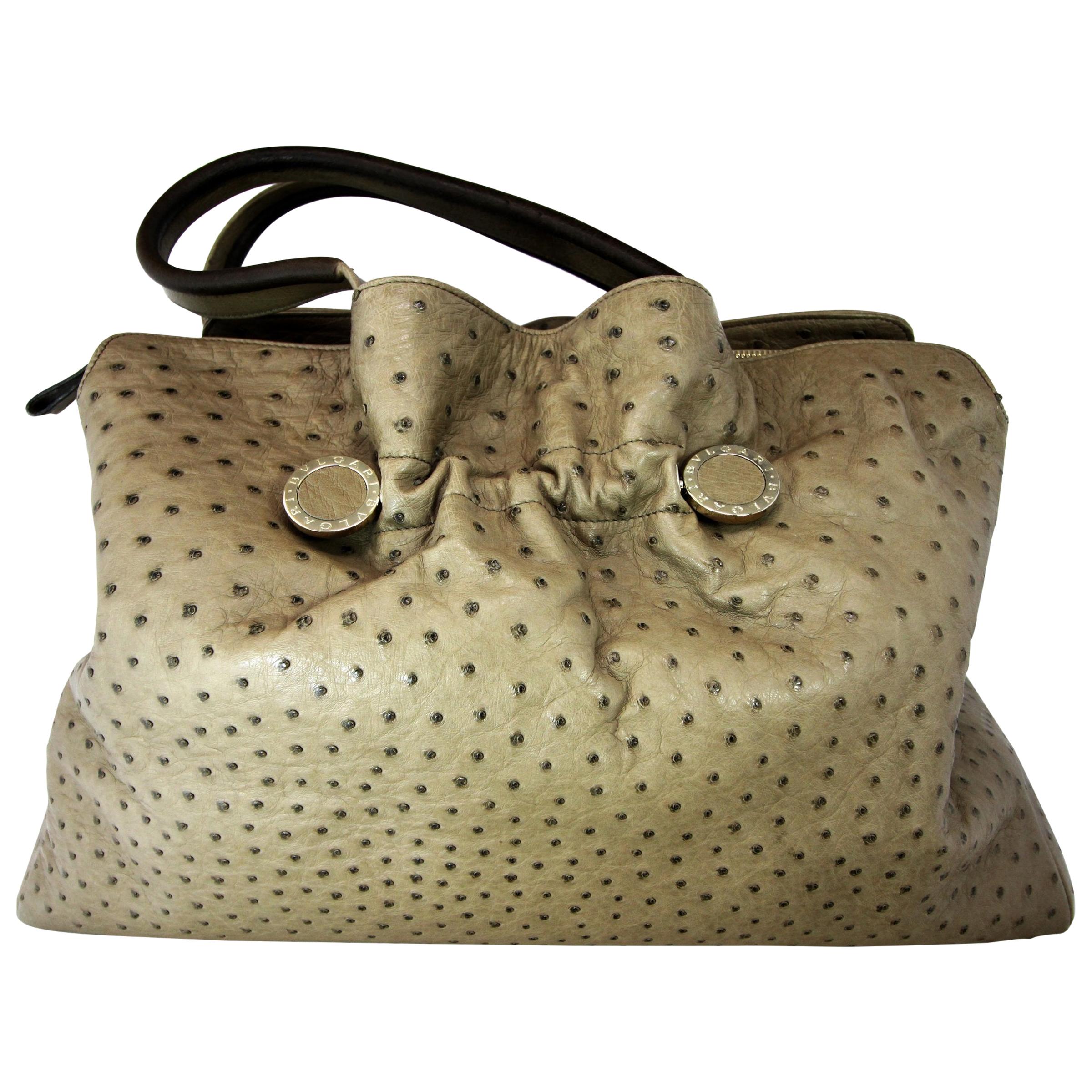 Bvlgari Taupe Ostrich Leather Weekend Hobo Bag