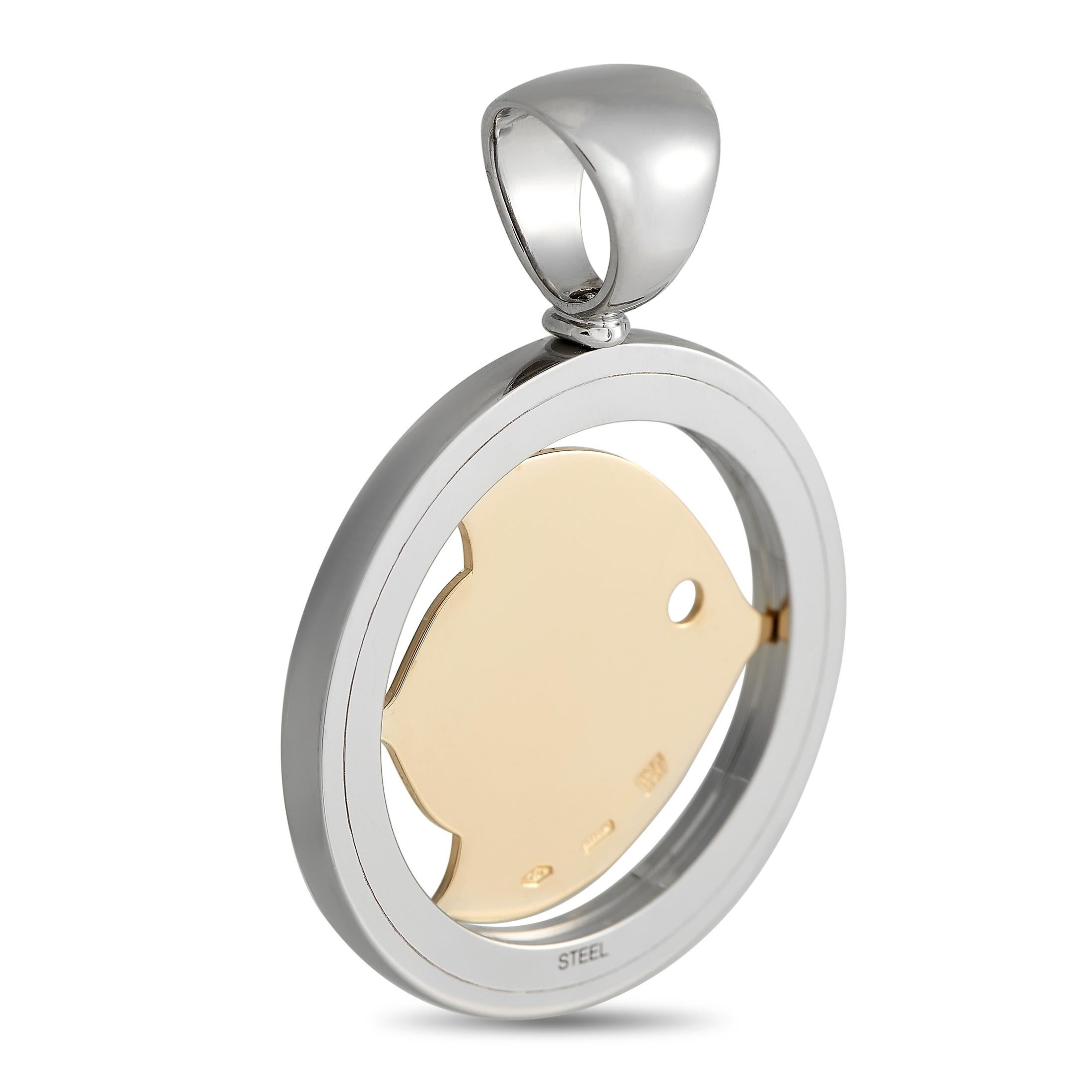 From Bvlgari's Tondo collection, here is a circular pendant in polished stainless steel set with an 18K yellow gold fish motif. The Bvlgari text logo is engraved on the bottom portion of the circular steel frame.This Bvlgari Tondo 18K Yellow Gold