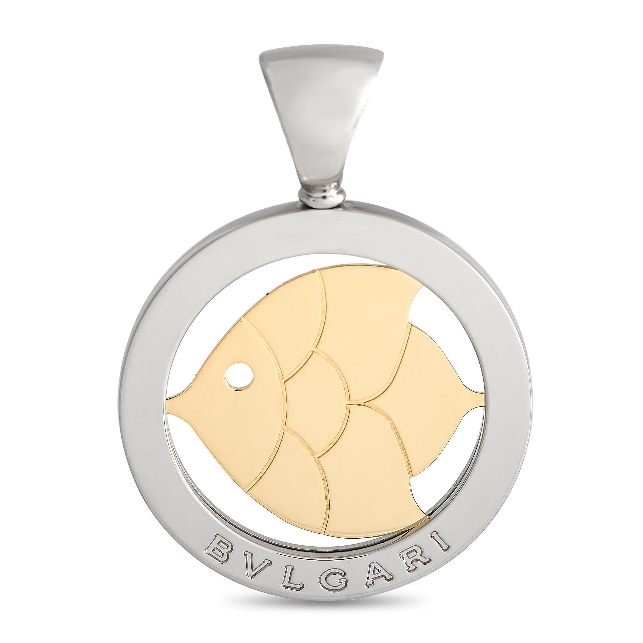 Women's Bvlgari Tondo 18K Yellow Gold and Steel Fish Pendant For Sale