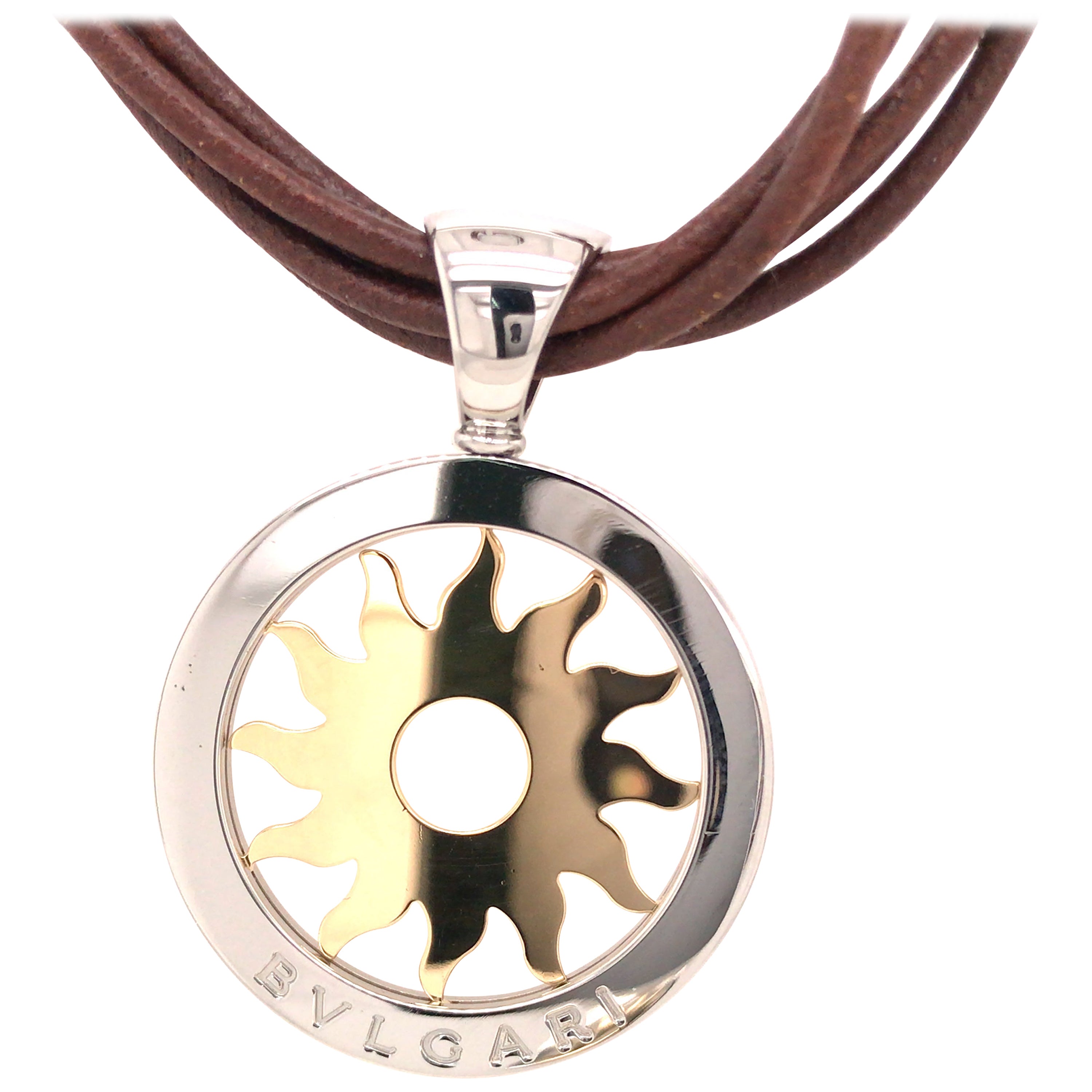 Bvlgari Tondo 18K Yellow Gold and Steel Sun Pendant Leather Cord Necklace