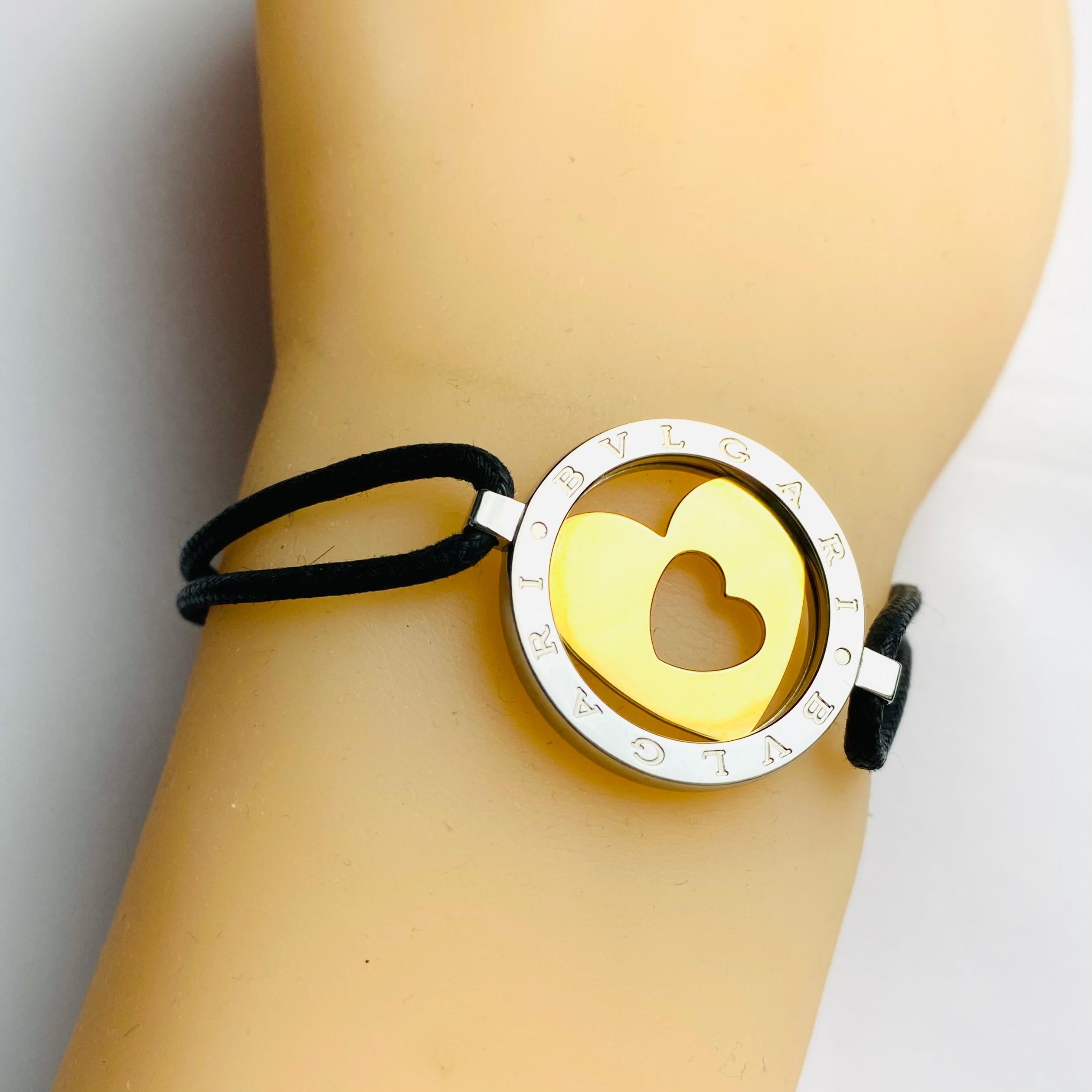 Women's or Men's Bvlgari “Tondo” 18K Yellow Gold Stainless Steel Double Heart Cord Bracelet For Sale