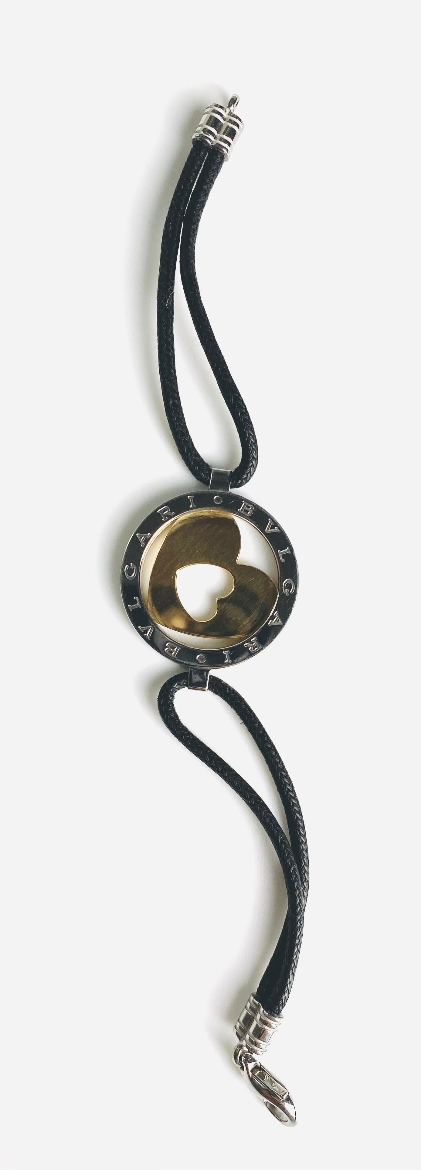 Bvlgari “Tondo” 18K Yellow Gold Stainless Steel Double Heart Cord Bracelet For Sale 2