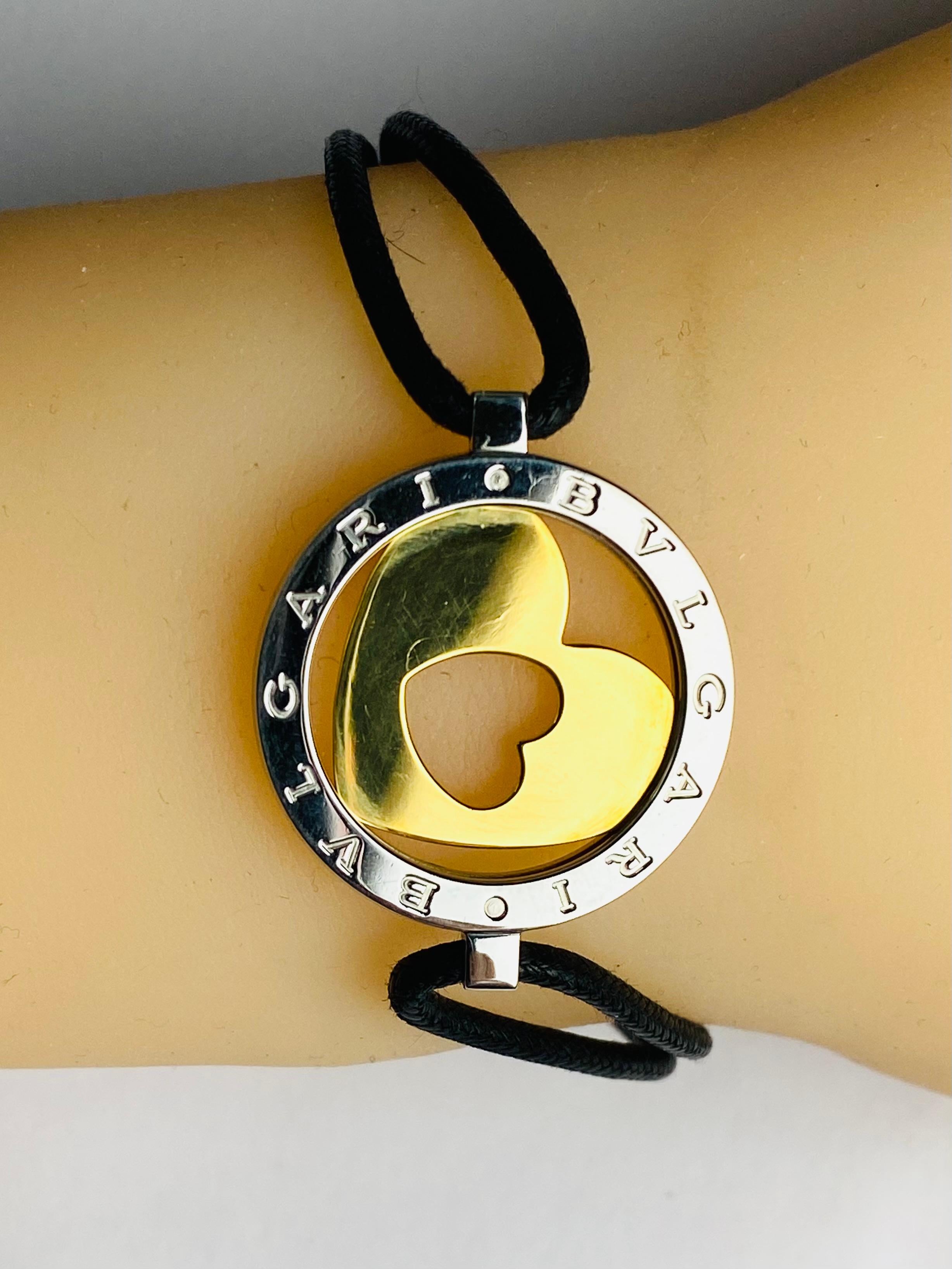 Bvlgari “Tondo” 18K Yellow Gold Stainless Steel Double Heart Cord Bracelet For Sale 3