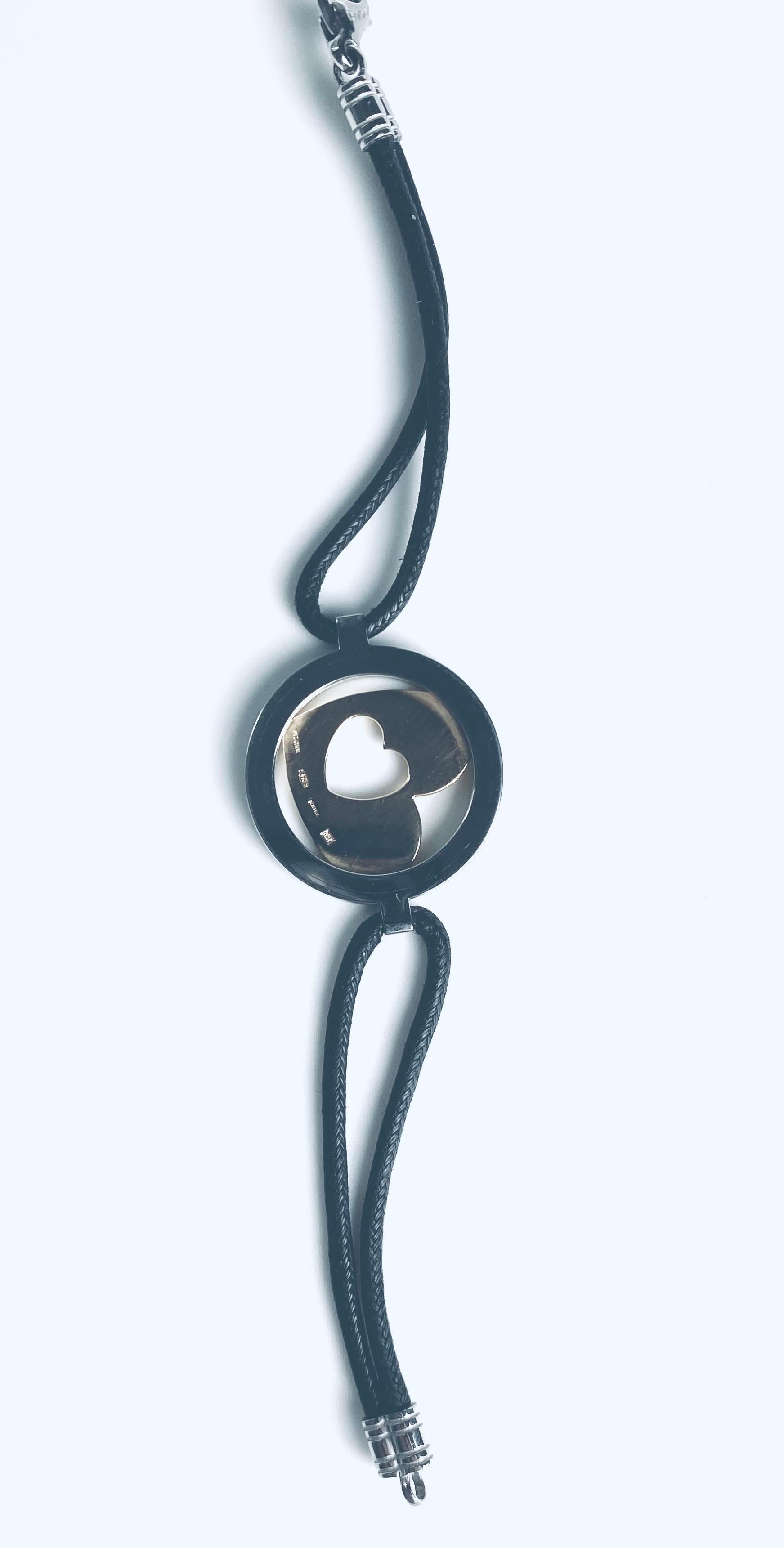 Bvlgari “Tondo” 18K Yellow Gold Stainless Steel Double Heart Cord Bracelet For Sale 4