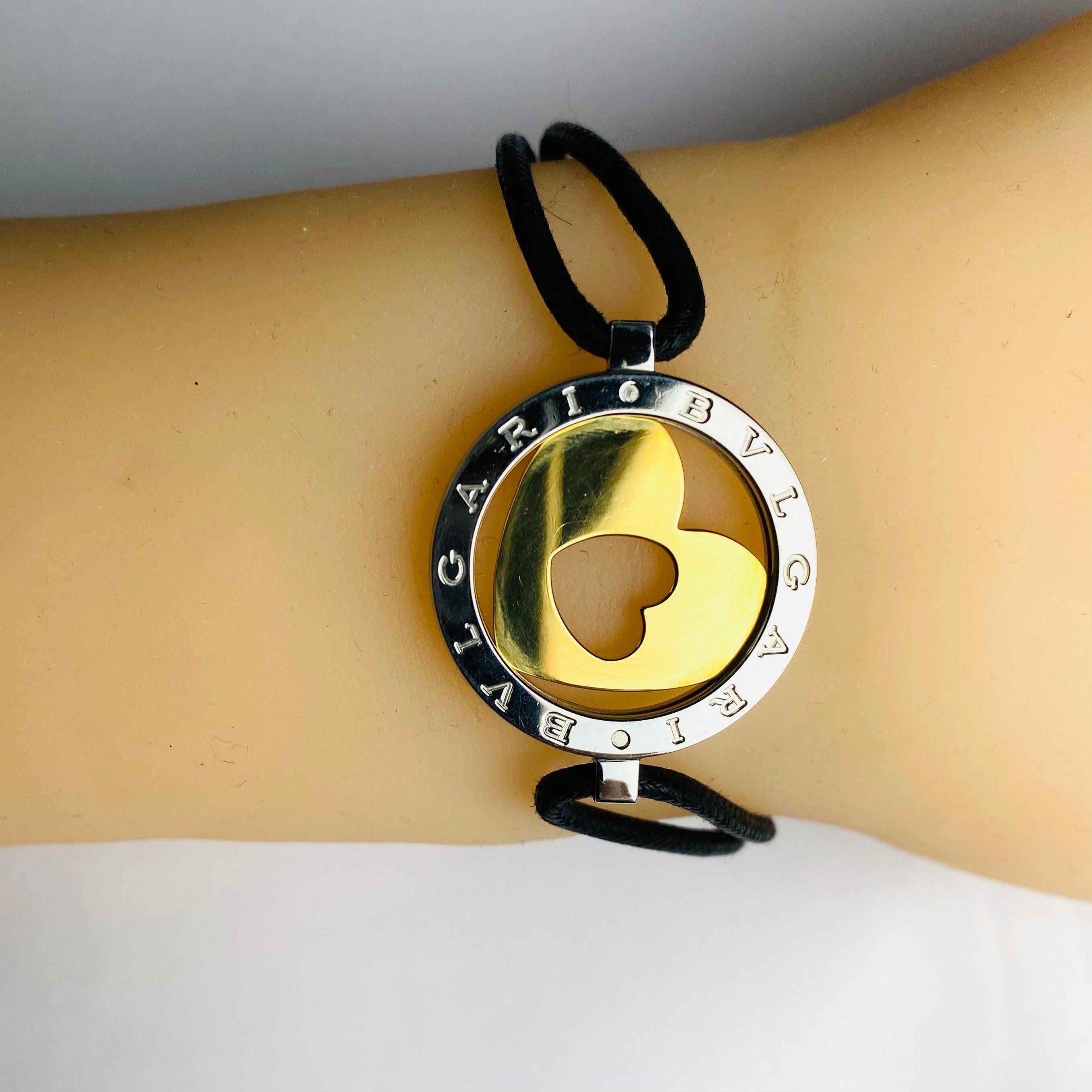 Bvlgari “Tondo” 18K Yellow Gold Stainless Steel Double Heart Cord Bracelet For Sale 5