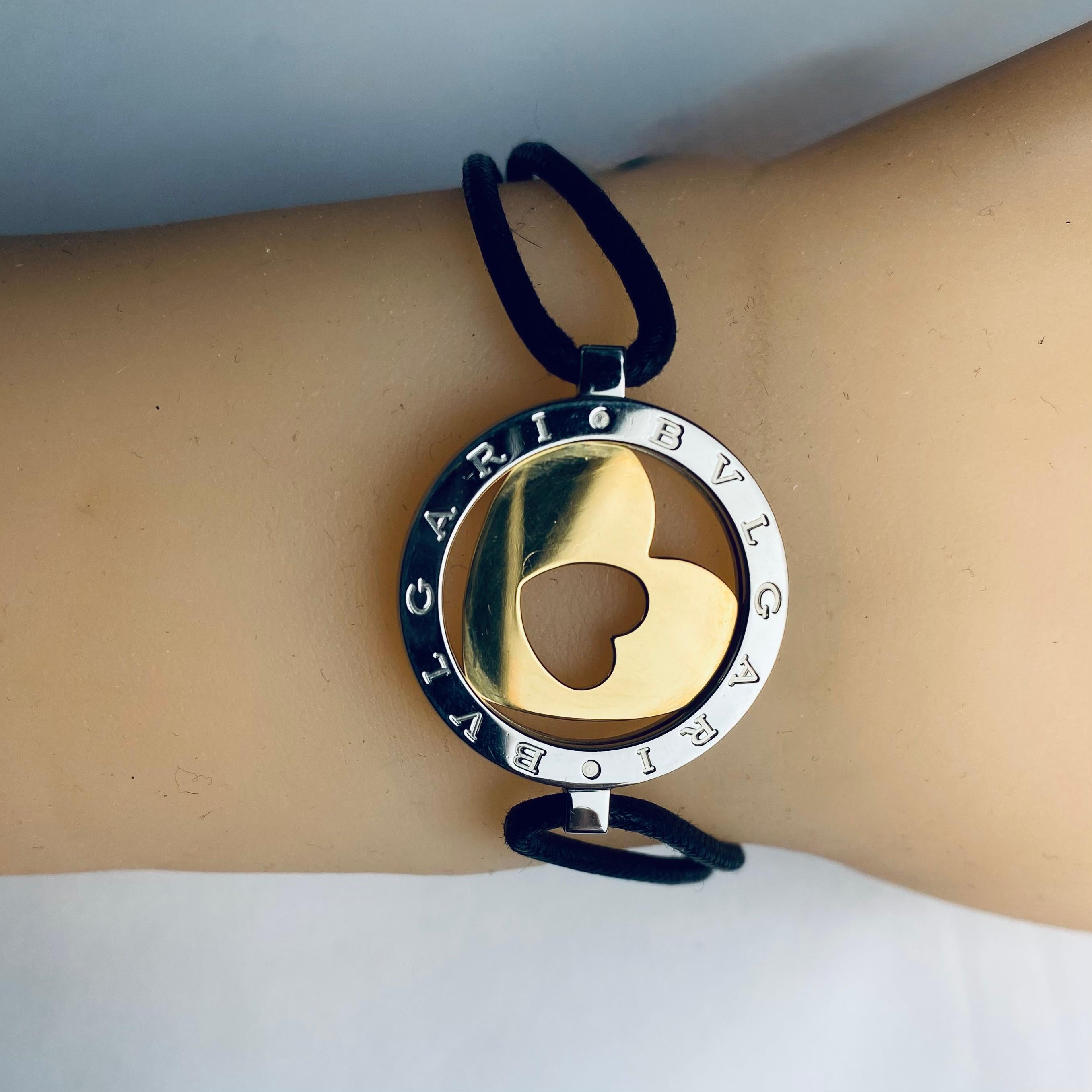 Bvlgari “Tondo” 18K Yellow Gold Stainless Steel Double Heart Cord Bracelet For Sale 6