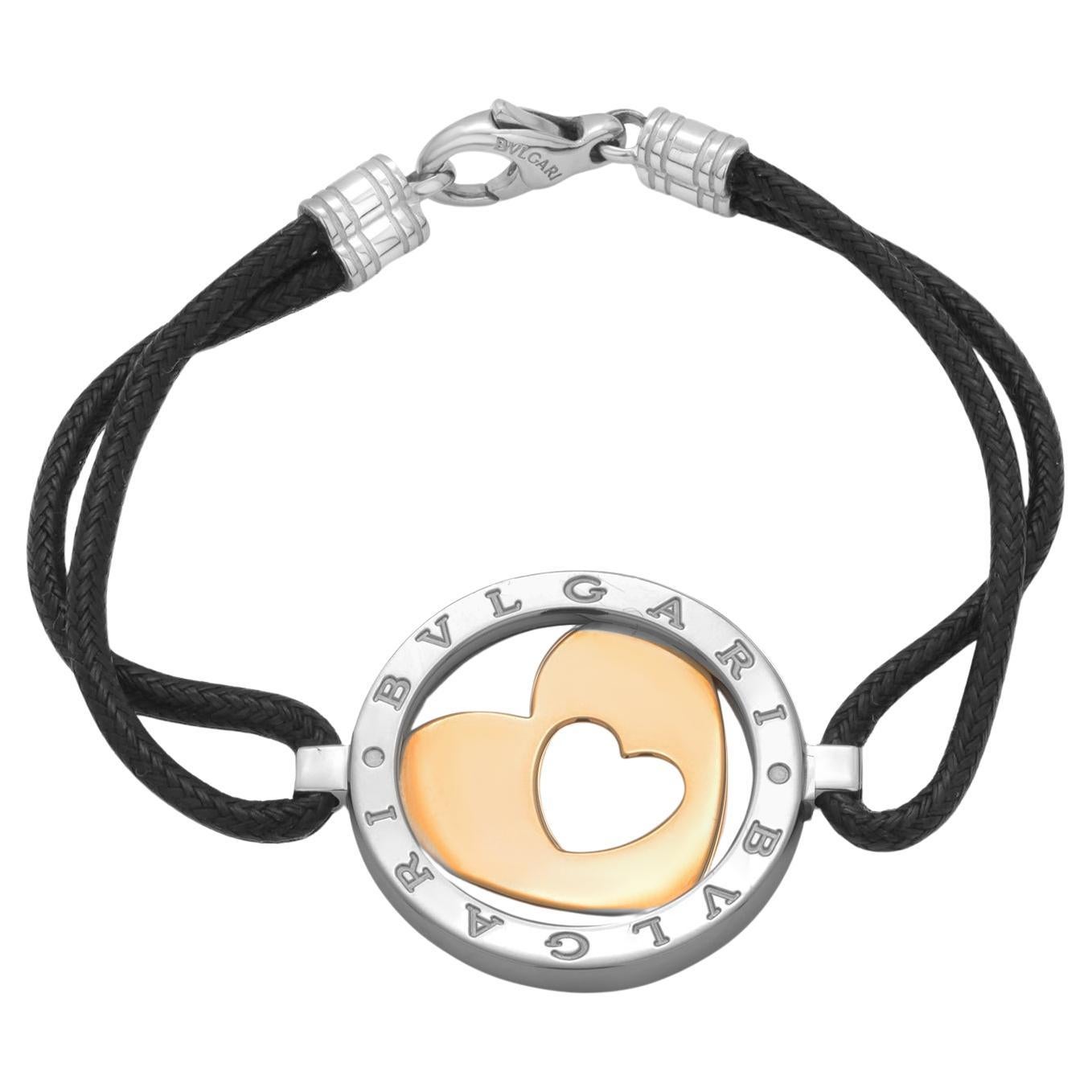 Bvlgari “Tondo” 18K Yellow Gold Stainless Steel Double Heart Cord Bracelet