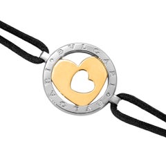 Bvlgari Tondo 18K Yellow Gold Steel Black Leather Two Tone Heart Bracelet