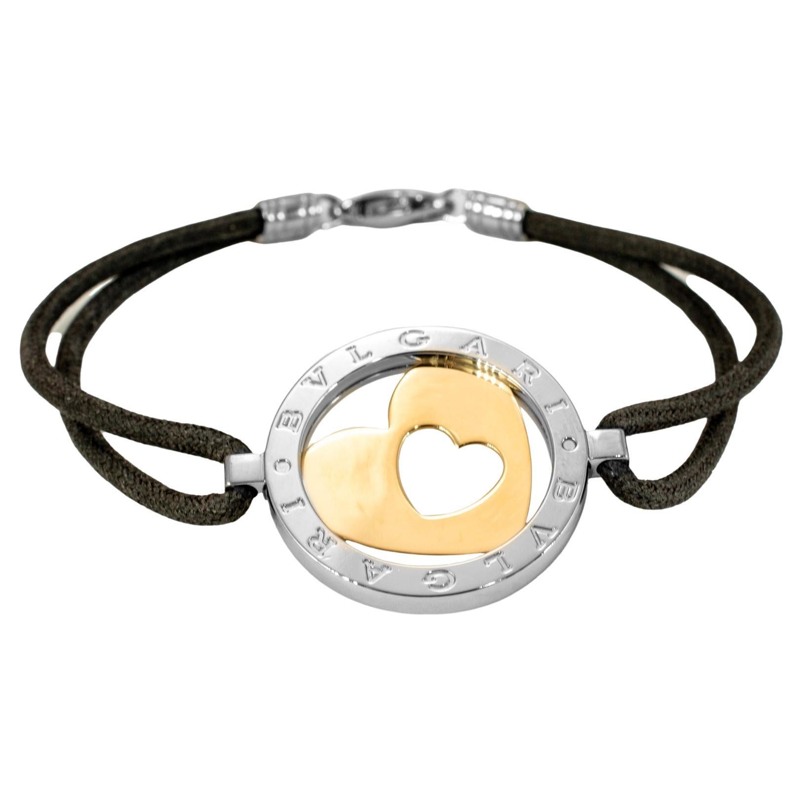 Bvlgari Tondo 18K Yellow Gold Steel Black Leather Two Tone Heart Bracelet For Sale
