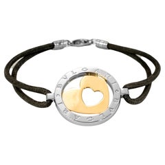 Bvlgari Tondo 18K Yellow Gold Steel Black Leather Two Tone Heart Bracelet