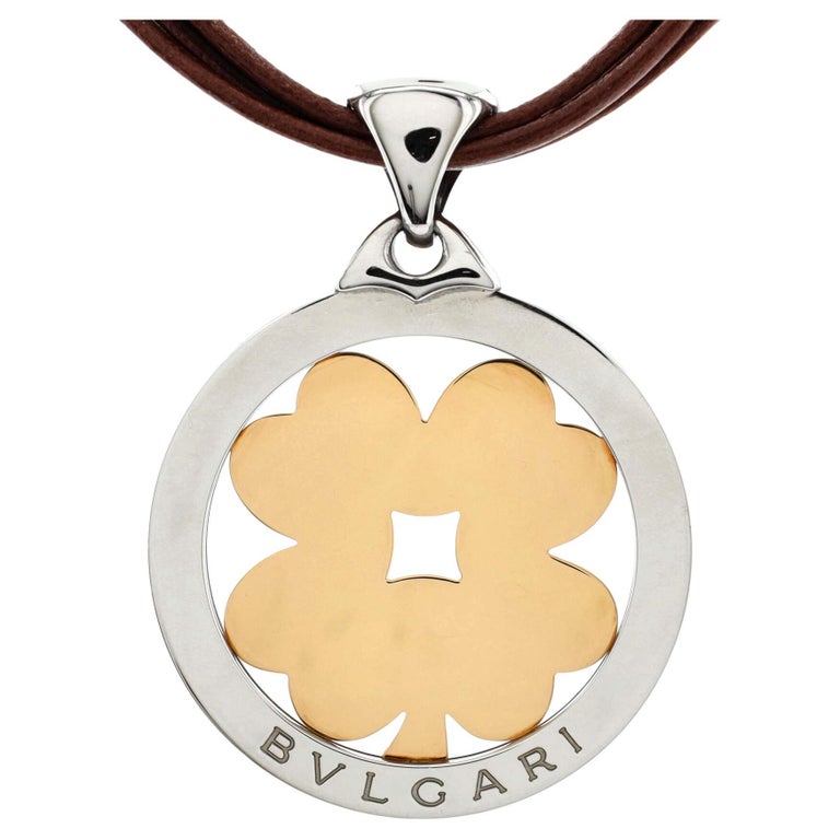 Bvlgari, collier pendentif trèfle Tondo en acier inoxydable et or jaune 18  carats sur 1stDibs