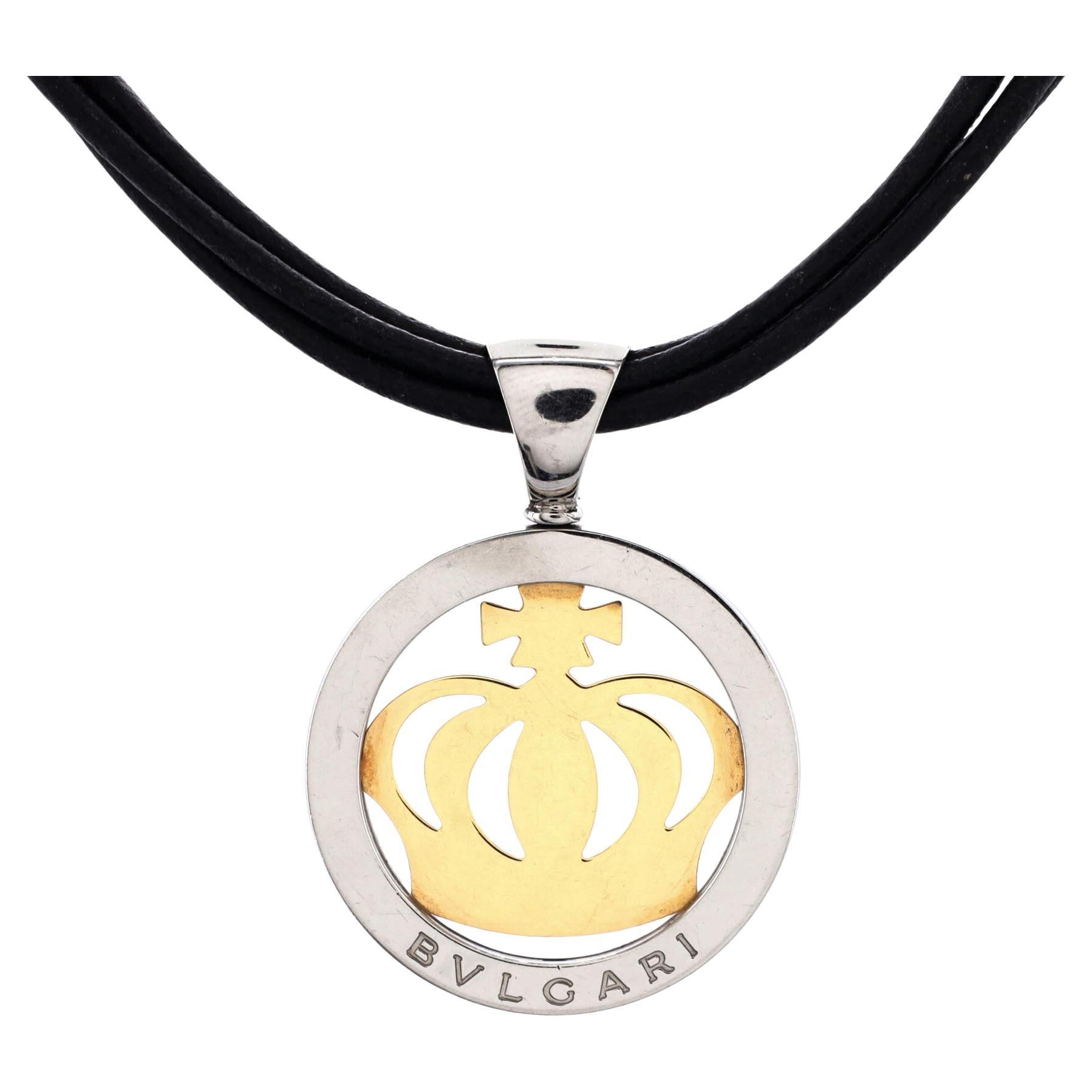Bvlgari Tondo Crown Pendant Necklace Stainless Steel with 18k Yellow Gold