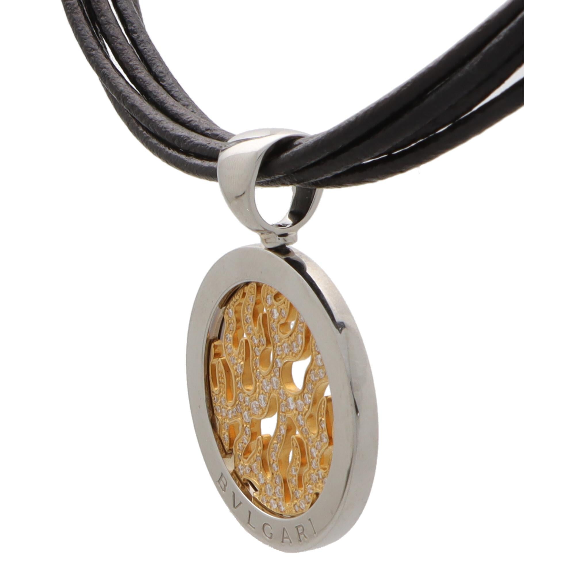 Modern Bvlgari Tondo Fire Diamond Pendant in Steel and Yellow Gold with Leather Chain