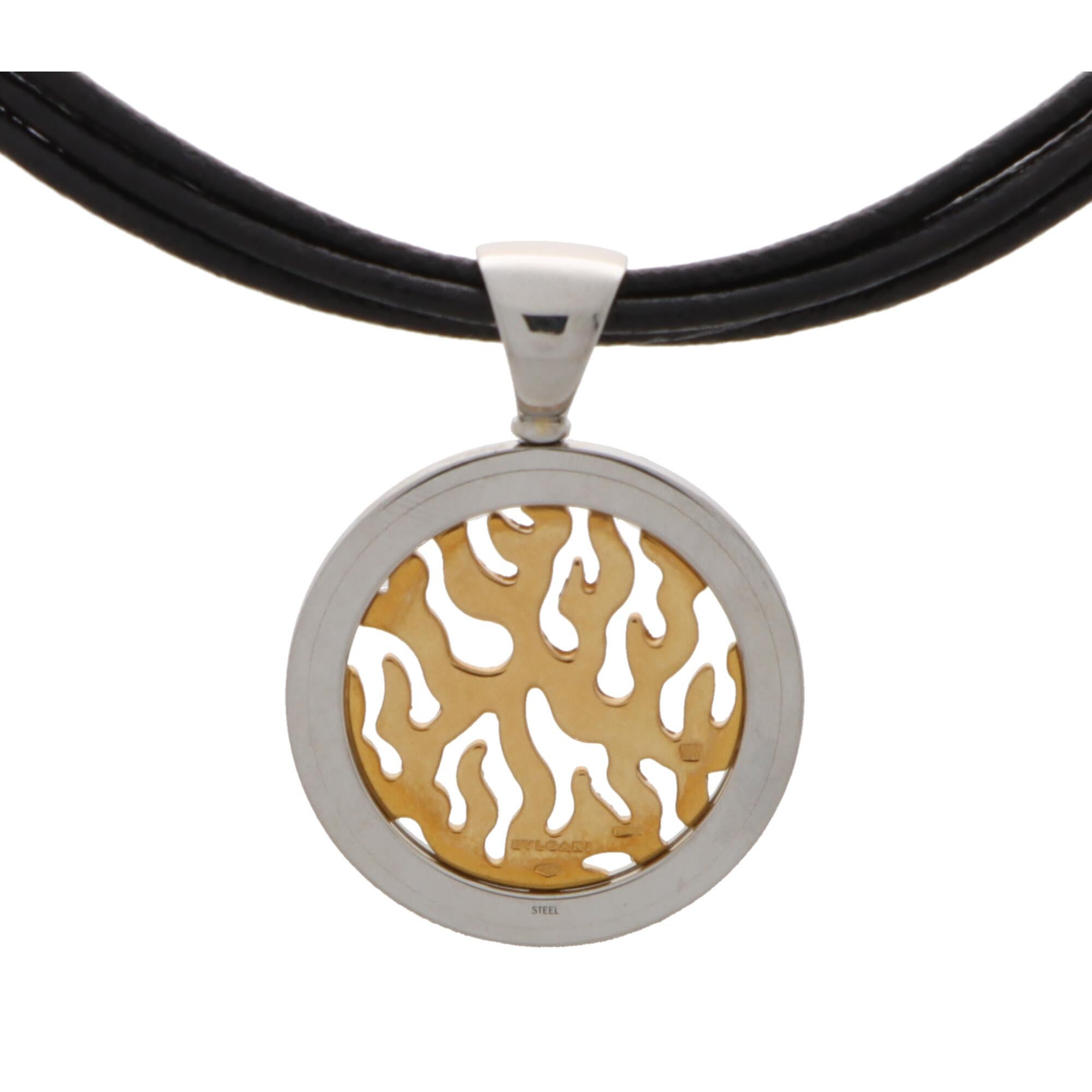 Round Cut Bvlgari Tondo Fire Diamond Pendant in Steel and Yellow Gold with Leather Chain