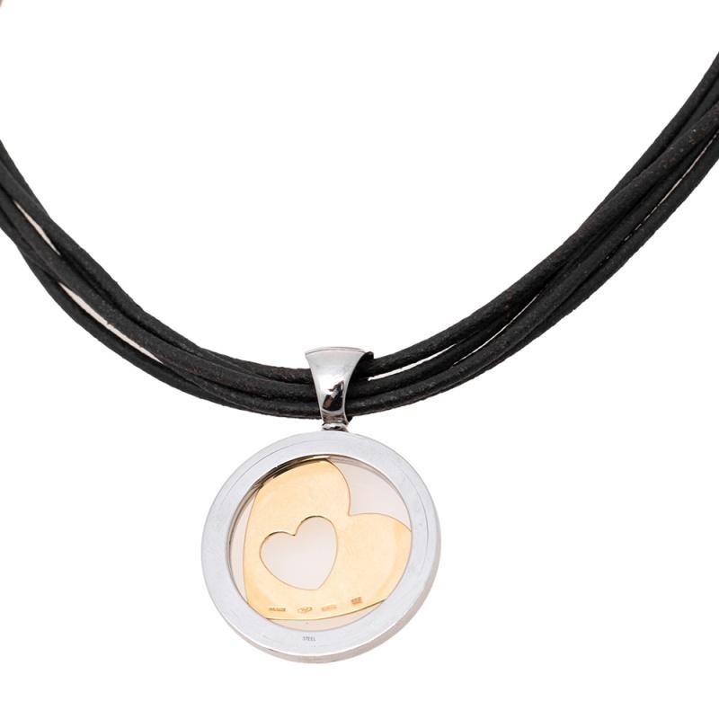Contemporary Bvlgari Tondo Heart 18k Gold & Stainless Steel Pendant Cord Necklace