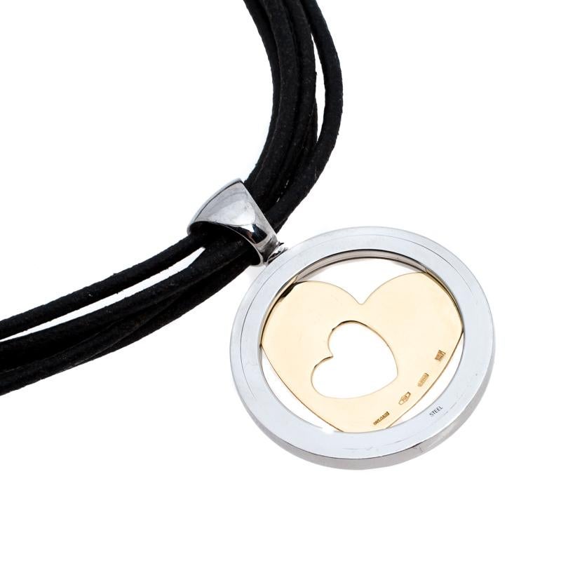 Bvlgari Tondo Heart 18k Gold & Stainless Steel Pendant Cord Necklace In Fair Condition In Dubai, Al Qouz 2