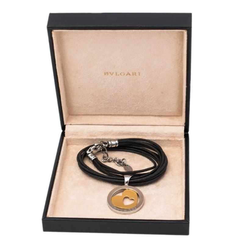 Bvlgari Tondo Heart 18k Gold & Stainless Steel Pendant Cord Necklace 2