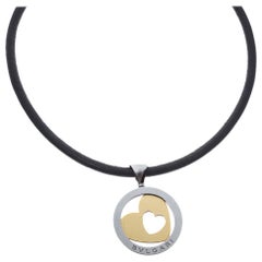 Bvlgari Tondo Heart 18K Gold & Stainless Steel Pendant Cord Necklace