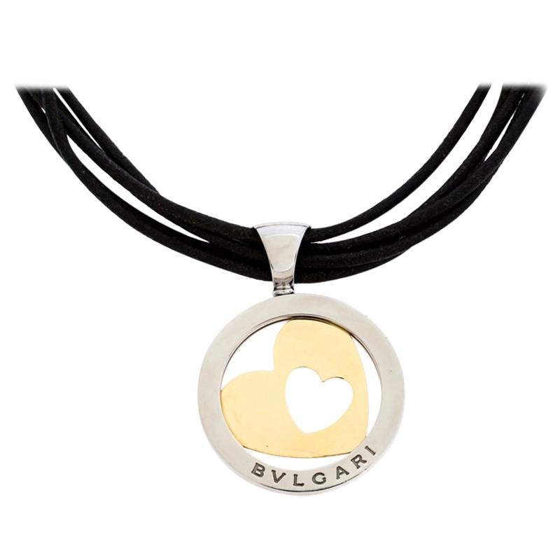 Bvlgari Tondo Heart 18k Gold & Stainless Steel Pendant Cord Necklace