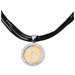 Bvlgari Tondo Heart 18k Gold & Stainless Steel Pendant Cord Necklace