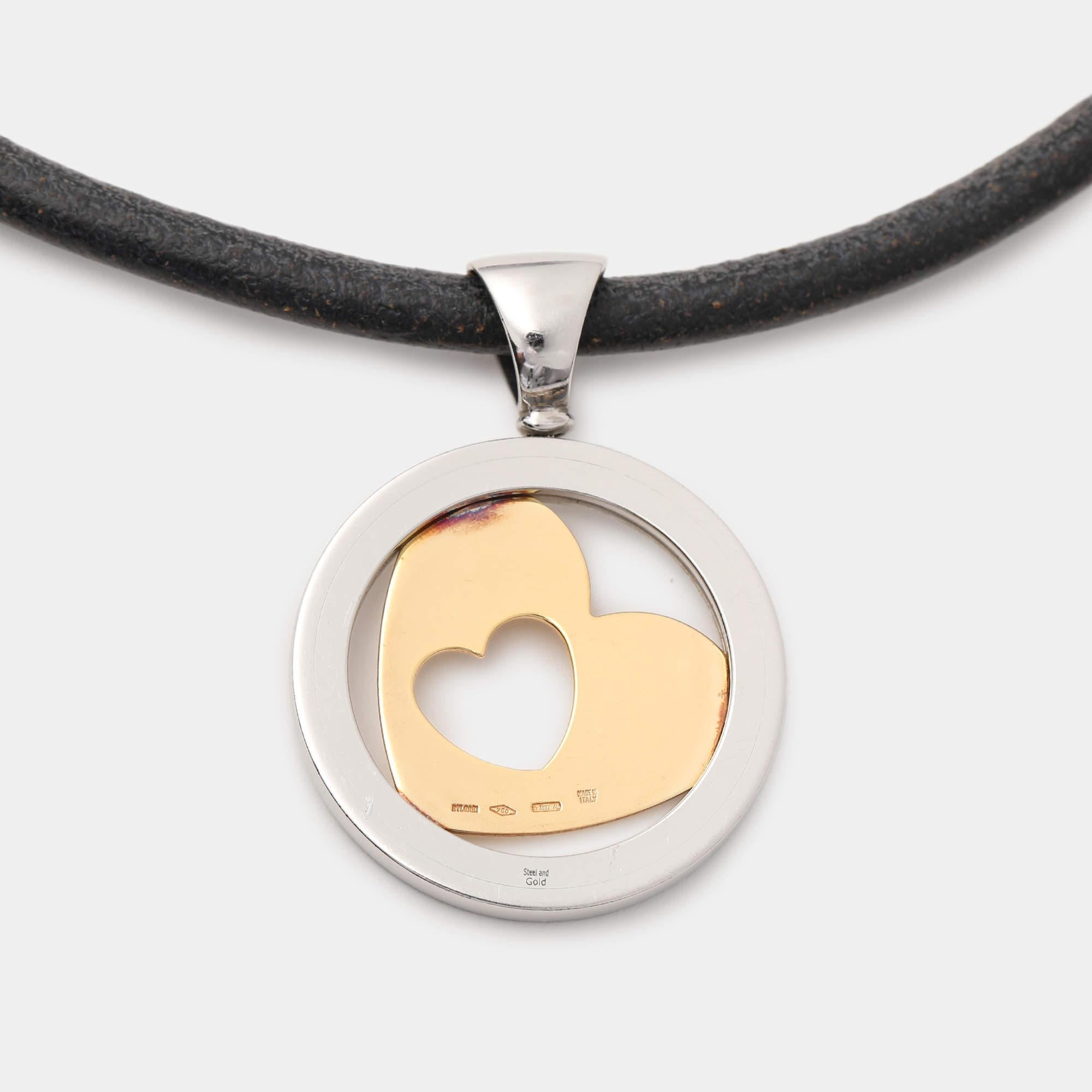 Bvlgari Tondo Heart 18k Gold Stainless Steel Pendant Leather Cord Necklace In Fair Condition In Dubai, Al Qouz 2