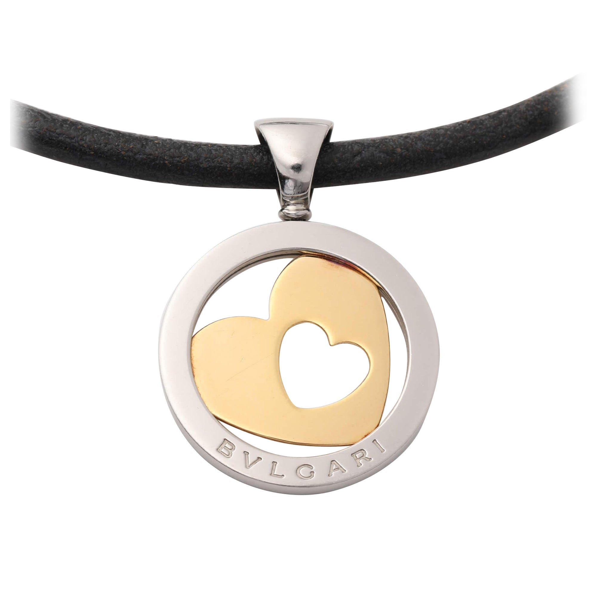 Bvlgari Tondo Heart 18k Gold Stainless Steel Pendant Leather Cord Necklace