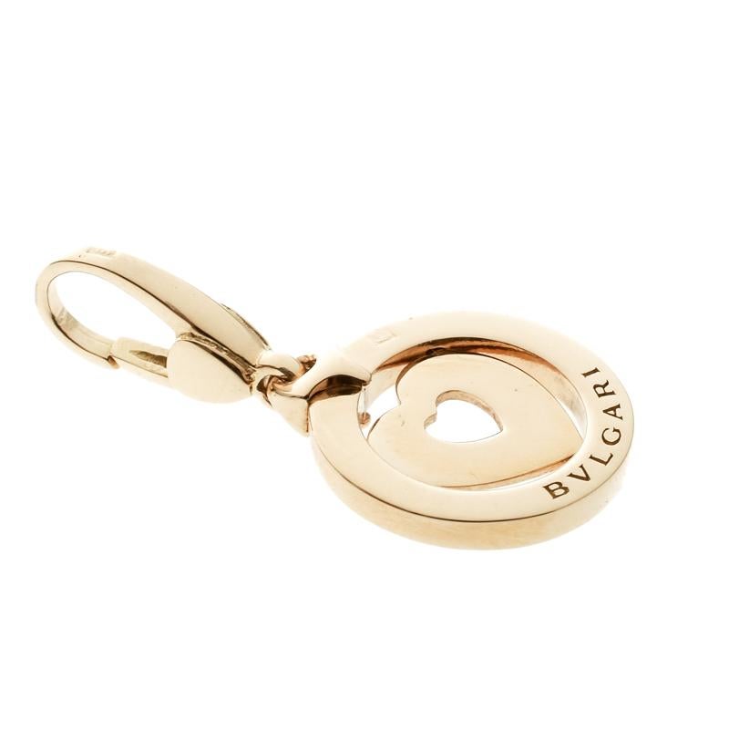 Weighing 4 grams, this charm from Bvlgari is versatile as it comes with a lobster clasp which allows you to hook it to necklace chains or handbags. It has been crafted from 18k yellow gold and designed with an encased heart and the label engraved on