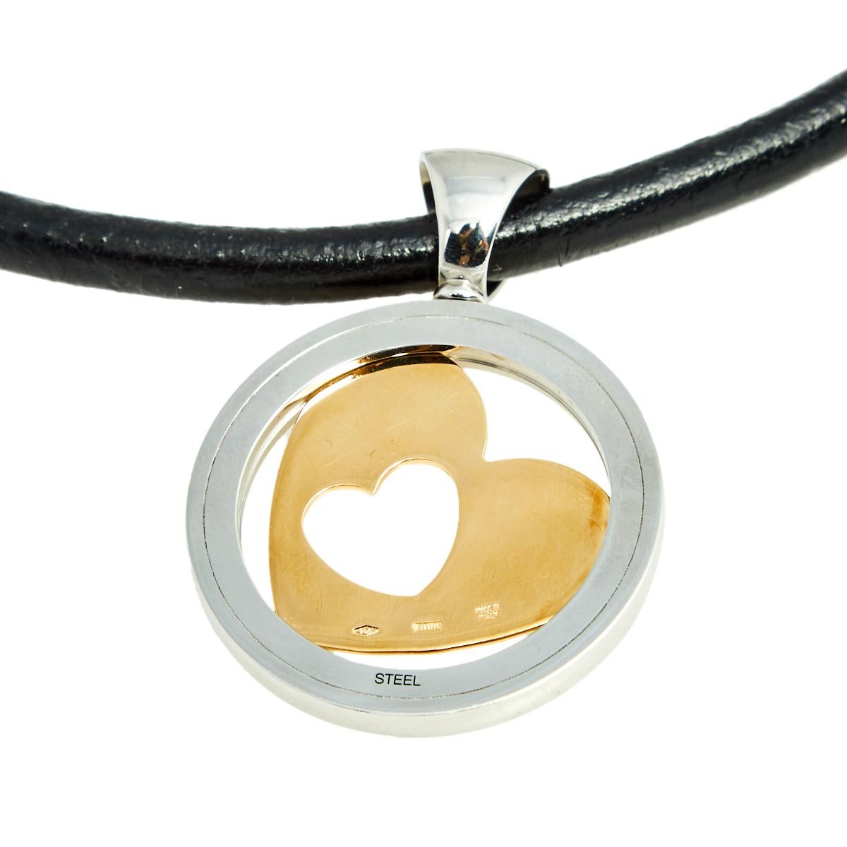 Contemporary Bvlgari Tondo Heart 18k Yellow Gold & Stainless Steel Pendant Cord Necklace