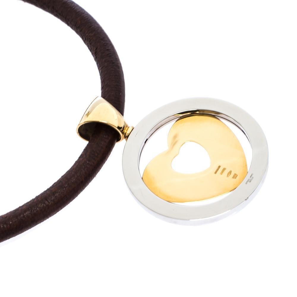 Bvlgari Tondo Heart 18K Yellow Gold & Stainless Steel Pendant Cord Necklace In Good Condition In Dubai, Al Qouz 2
