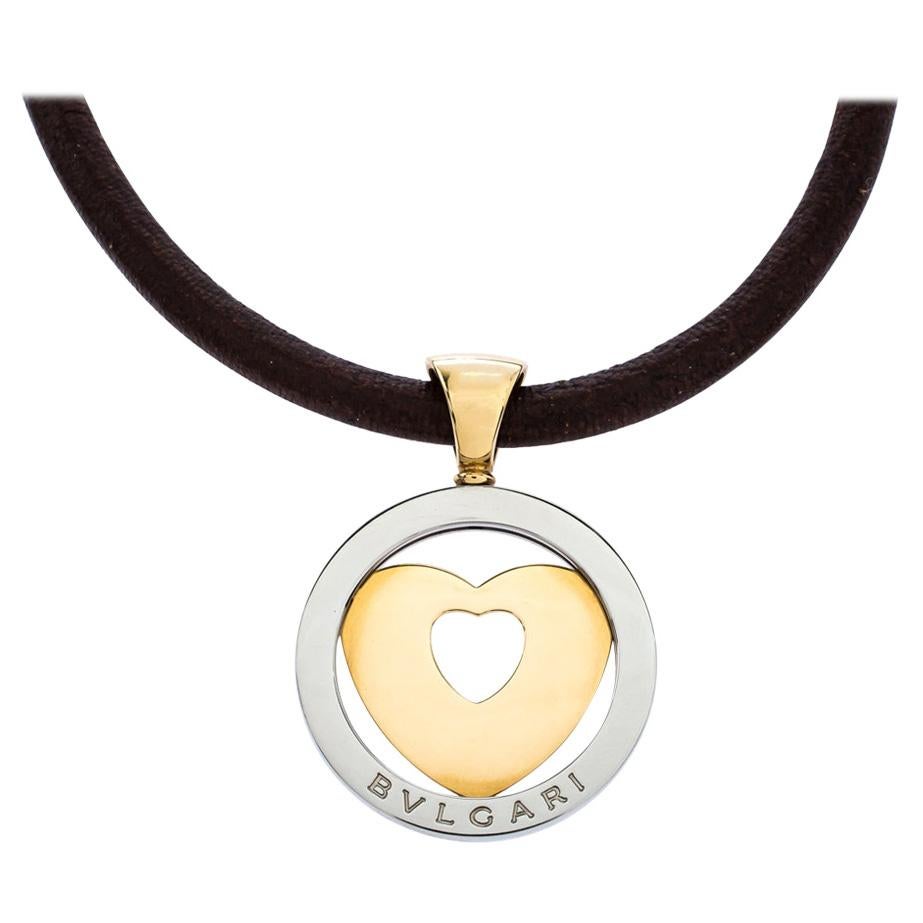 Bvlgari Tondo Heart 18K Yellow Gold & Stainless Steel Pendant Cord Necklace