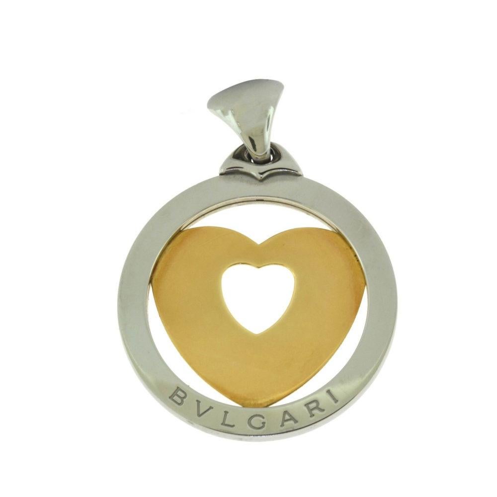 Women's or Men's Bvlgari Tondo Large Round Heart Yellow Gold and Steel Pendant with Leather Chain
