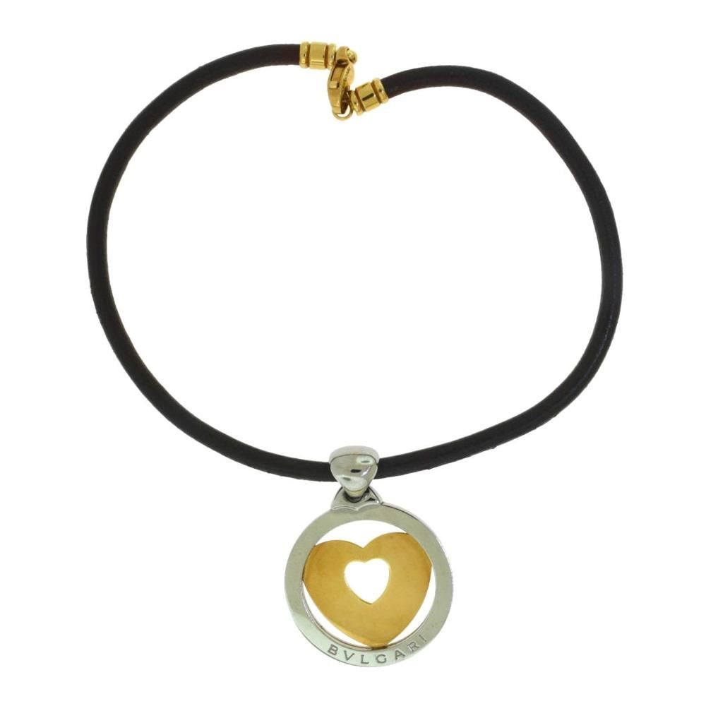 Bvlgari Tondo Large Round Heart Yellow Gold and Steel Pendant with Leather Chain