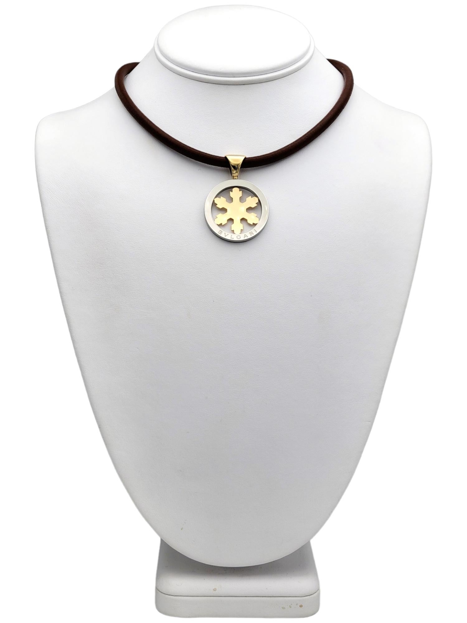 Bvlgari Tondo Snowflake Leather Necklace in 18k Yellow Gold & Stainless Steel 5