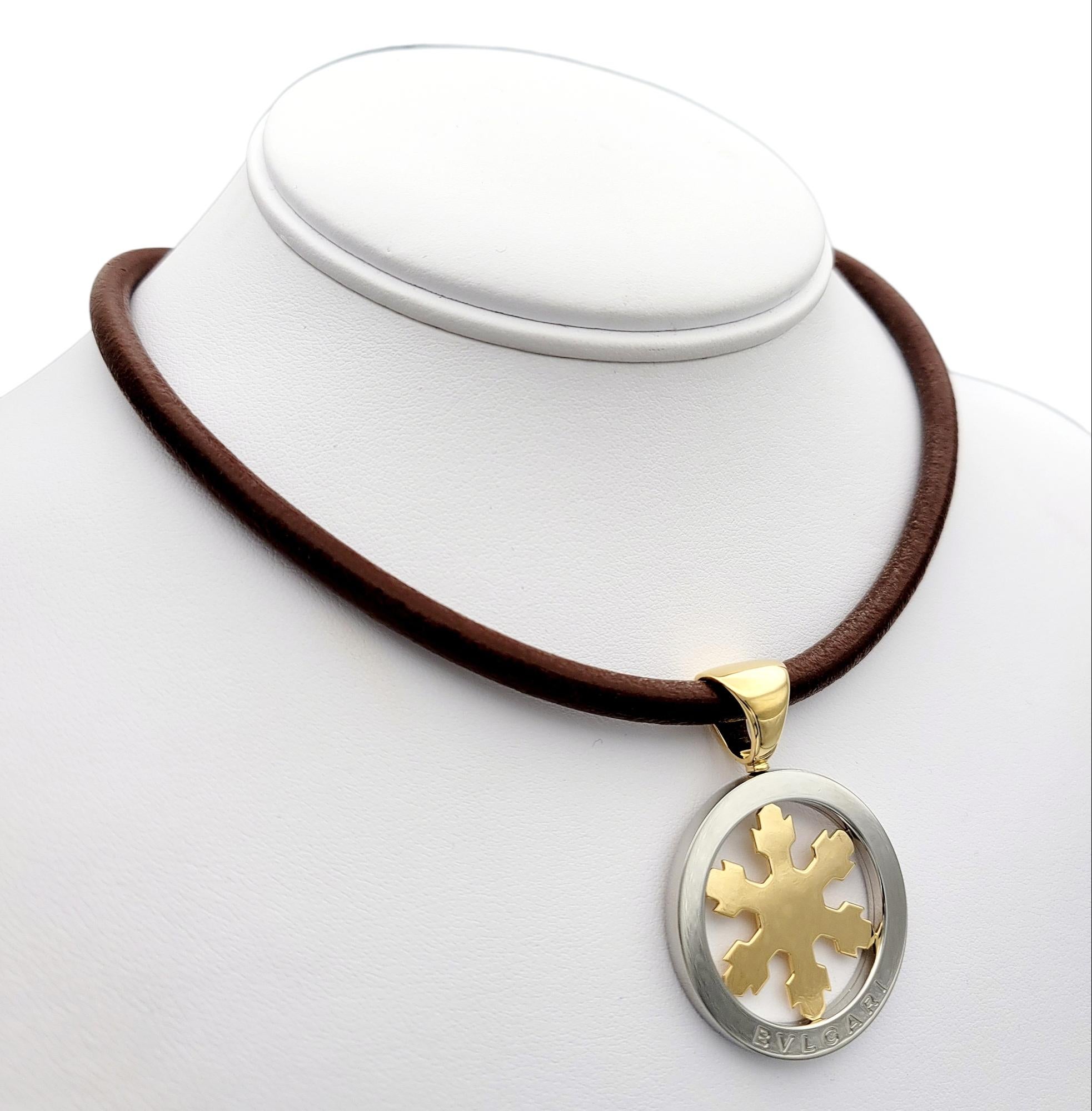 Bvlgari Tondo Snowflake Leather Necklace in 18k Yellow Gold & Stainless Steel 6