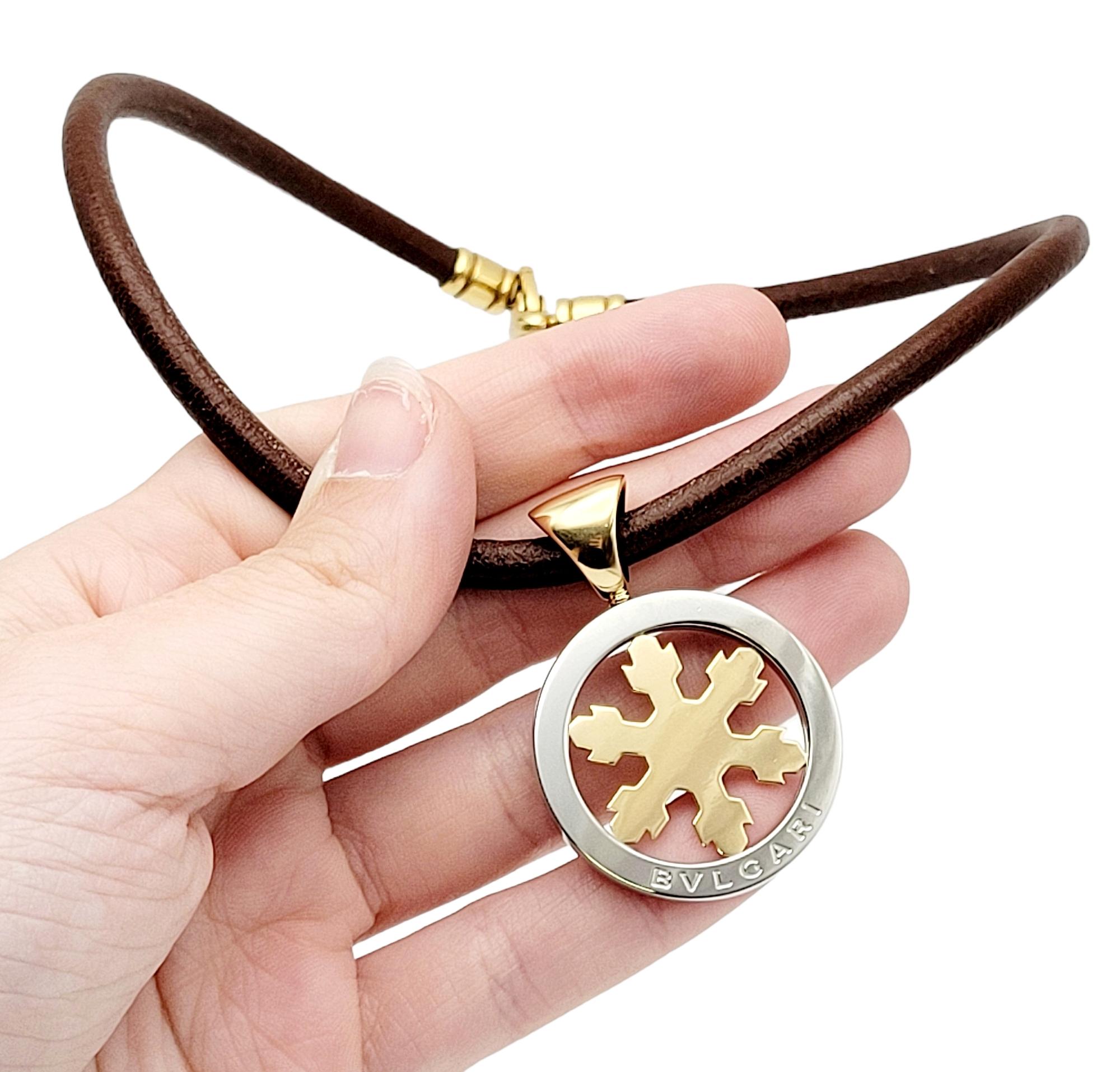 Bvlgari Tondo Snowflake Leather Necklace in 18k Yellow Gold & Stainless Steel 8