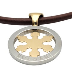 Bvlgari Tondo Schneeflocken-Leder-Halskette aus 18 Karat Gelbgold und Edelstahl