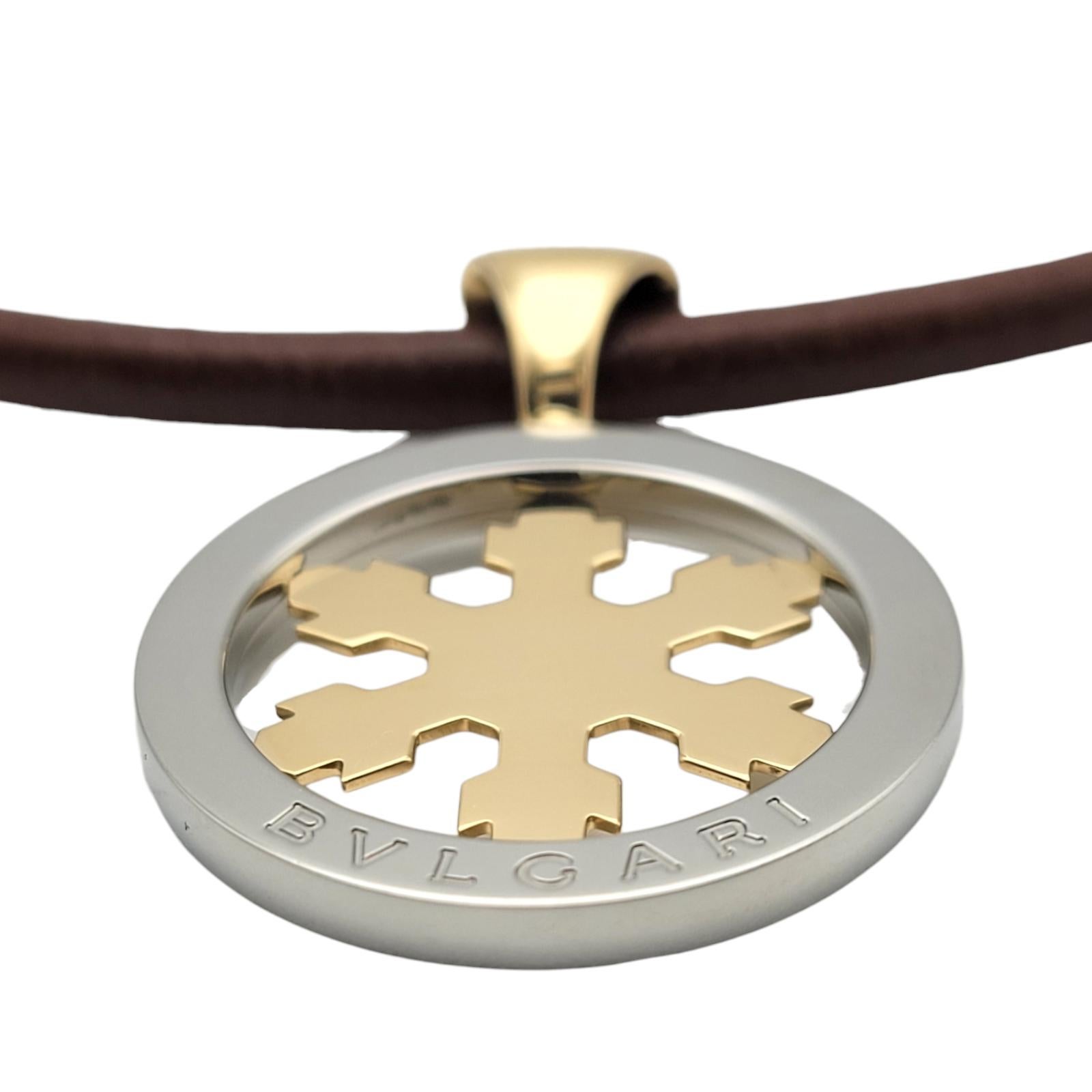 Contemporary Bvlgari Tondo Snowflake Leather Necklace in 18k Yellow Gold & Stainless Steel