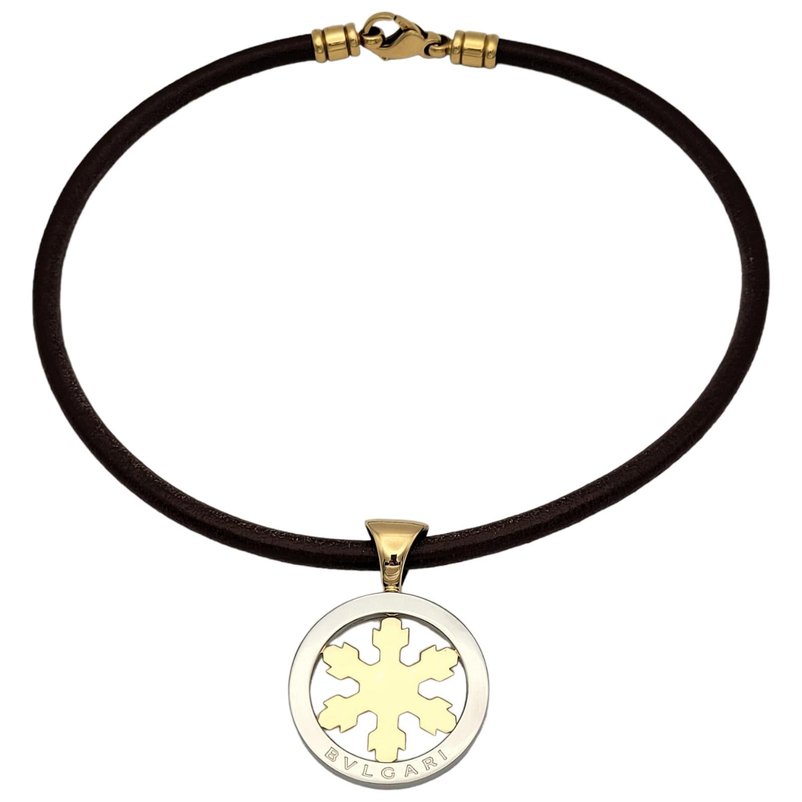 Women's Bvlgari Tondo Snowflake Leather Necklace in 18k Yellow Gold & Stainless Steel