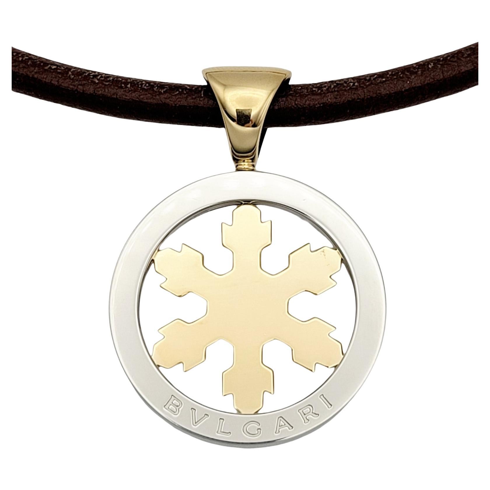 Bvlgari Tondo Snowflake Leather Necklace in 18k Yellow Gold & Stainless Steel