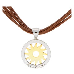 Bvlgari Tondo Sun Pendant in Steel and 18 Karat Yellow Gold with Leather Chain